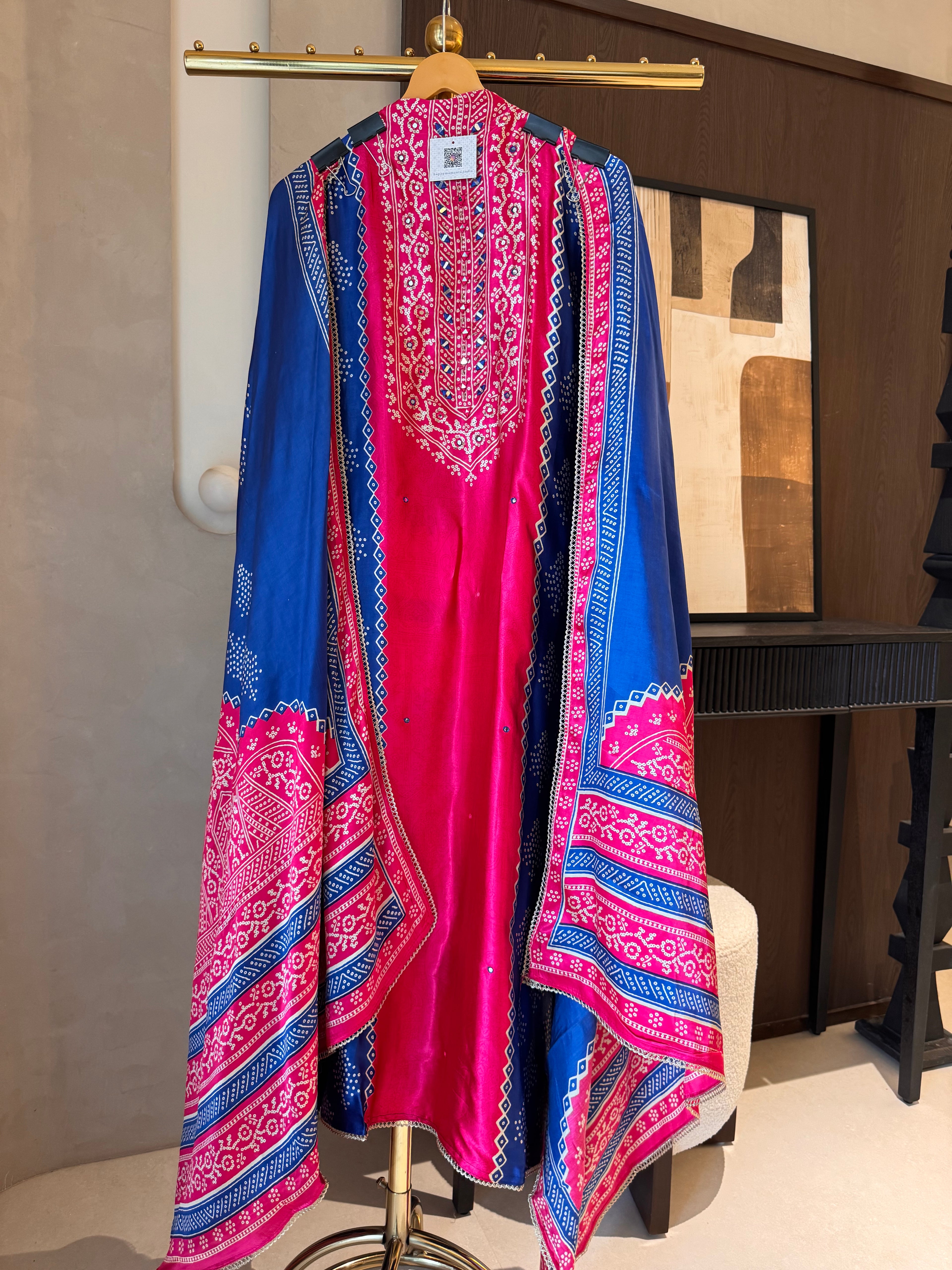 The Kaanch Bandhej — Gaji Silk Suit with Mirror Work-pink blue-front