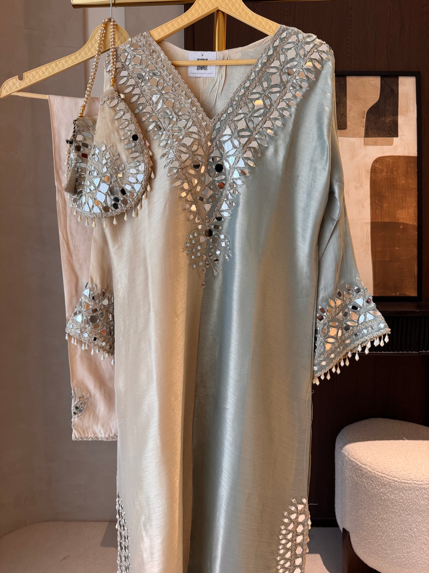 Giraffe Silk Readymade Long Top Set with Mirror Work & Potli