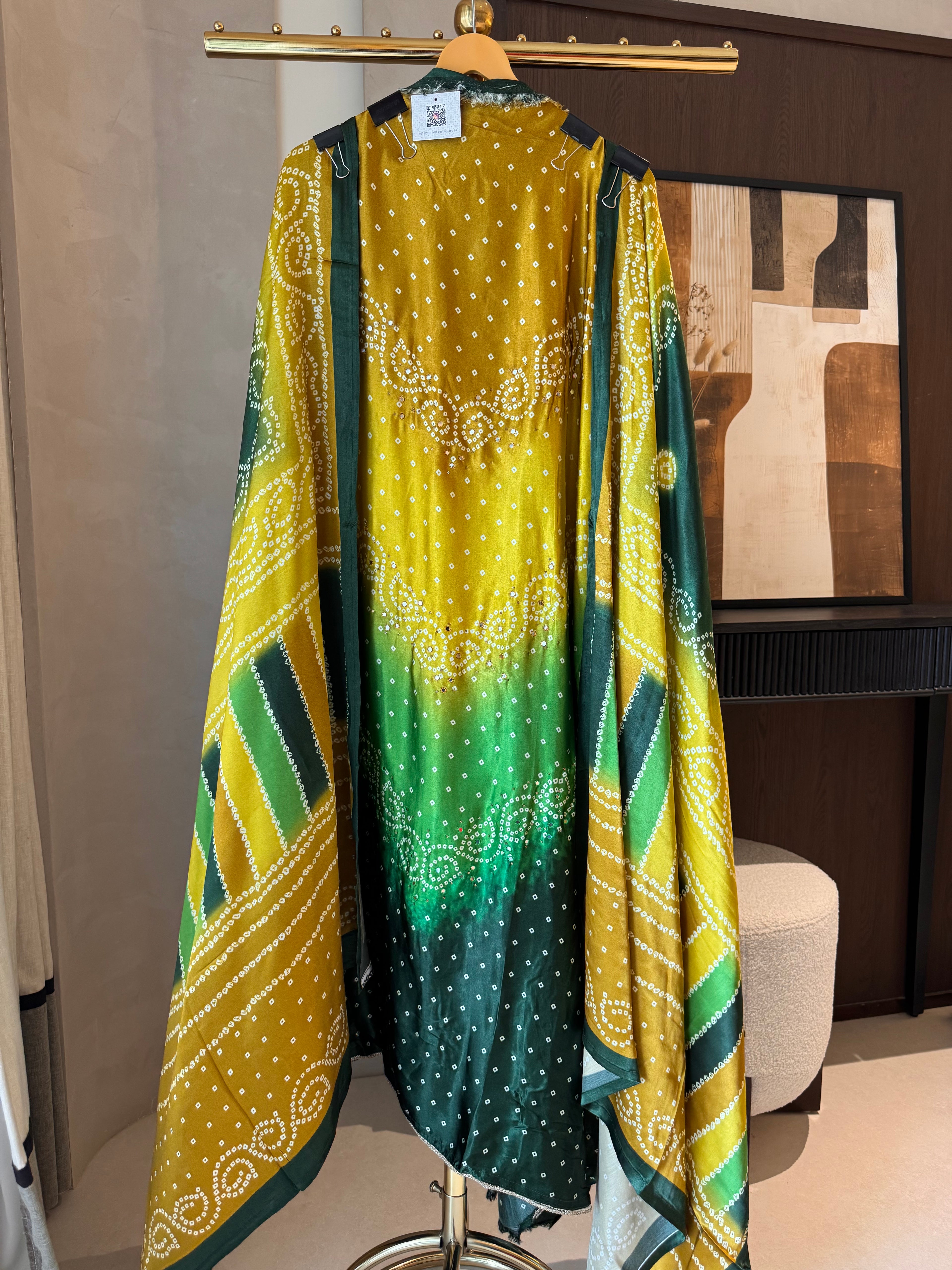 The Rang Bandhej — Gaji Silk Suit with Mirror Work-mustard to green front 