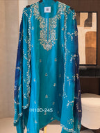 The Rang Bloom — Silk Suit with Handwork & Shaded Chinnon Dupatta-teal- front 