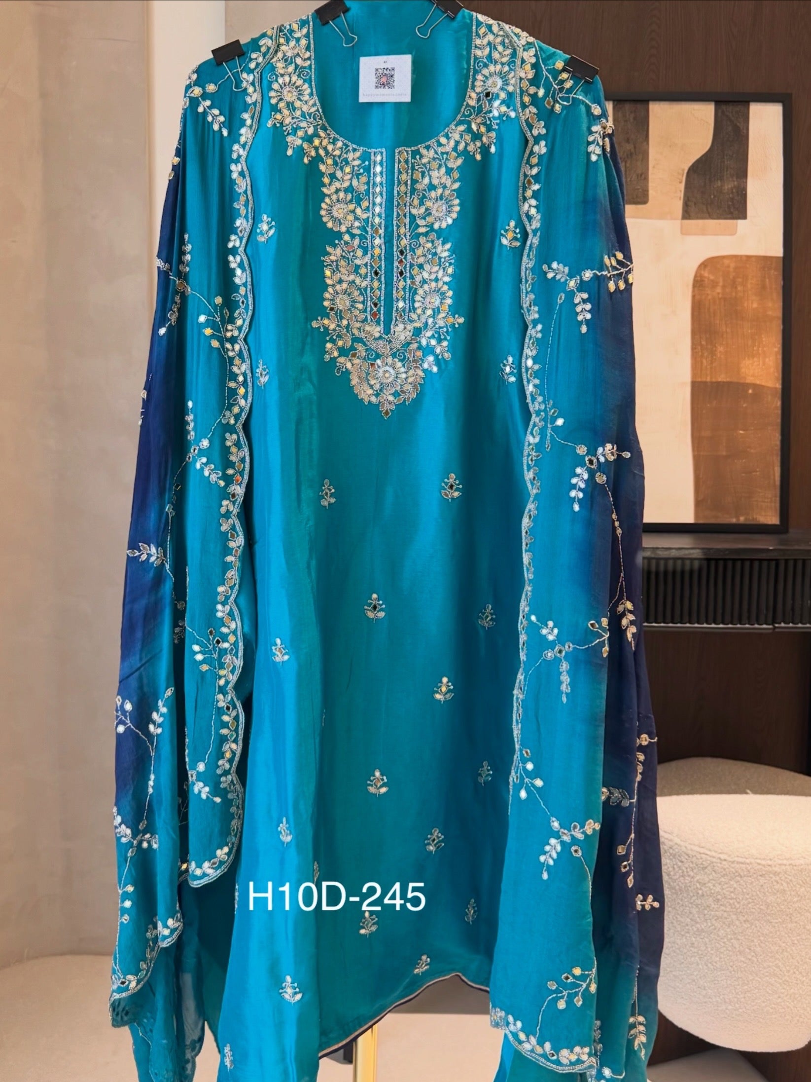 The Rang Bloom — Silk Suit with Handwork & Shaded Chinnon Dupatta-teal- front 