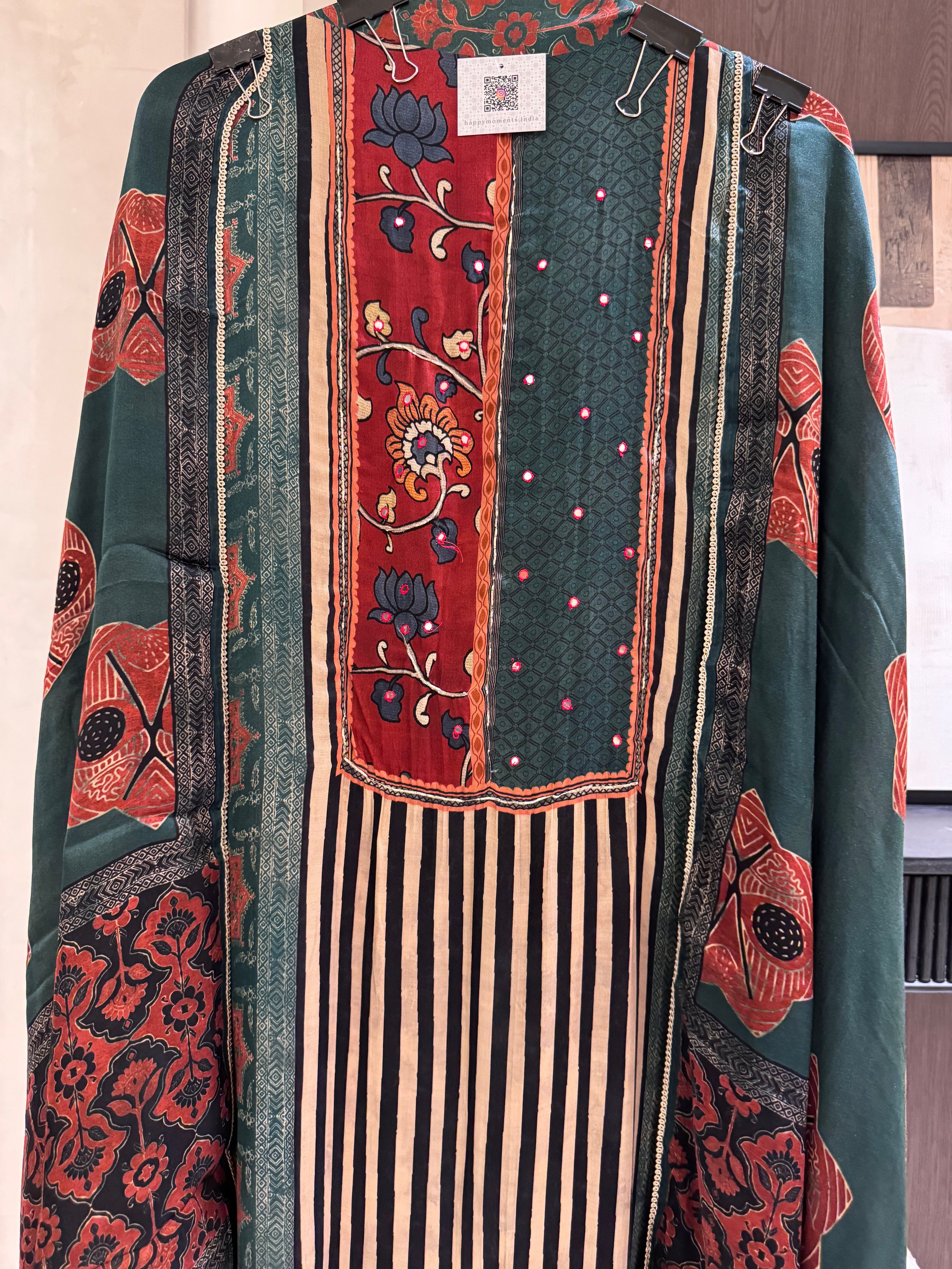The Ajrakh Muse — Gaji Silk Digital Print Suit with Mirror Work-forest green-close up