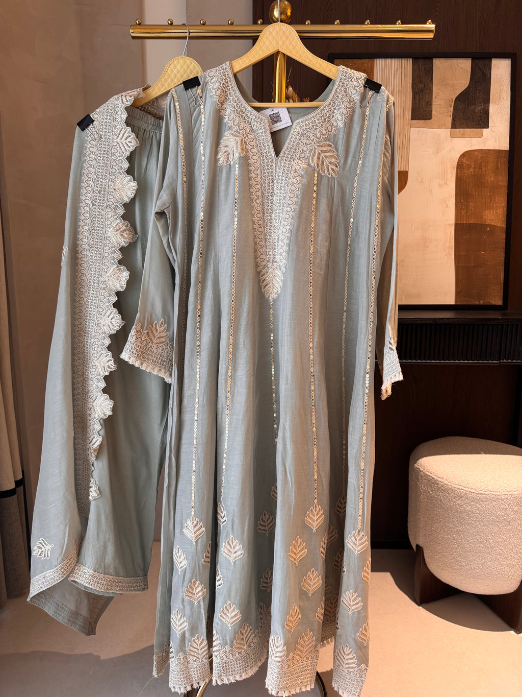 The Ivy Bloom — Mal Anarkali Set with Cutwork Dupatta & Potli-pista-front