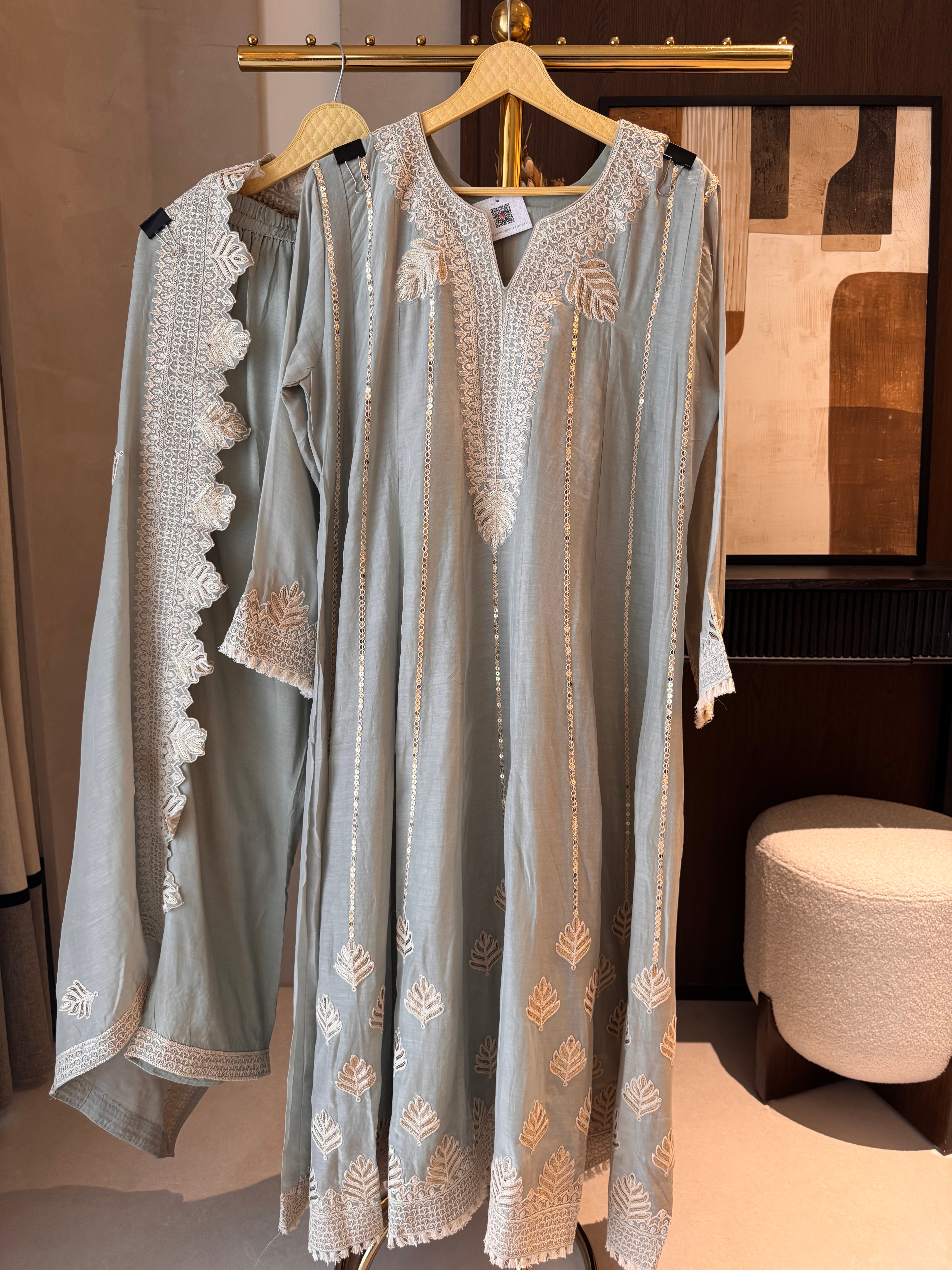 The Ivy Bloom — Mal Anarkali Set with Cutwork Dupatta & Potli-pista-front