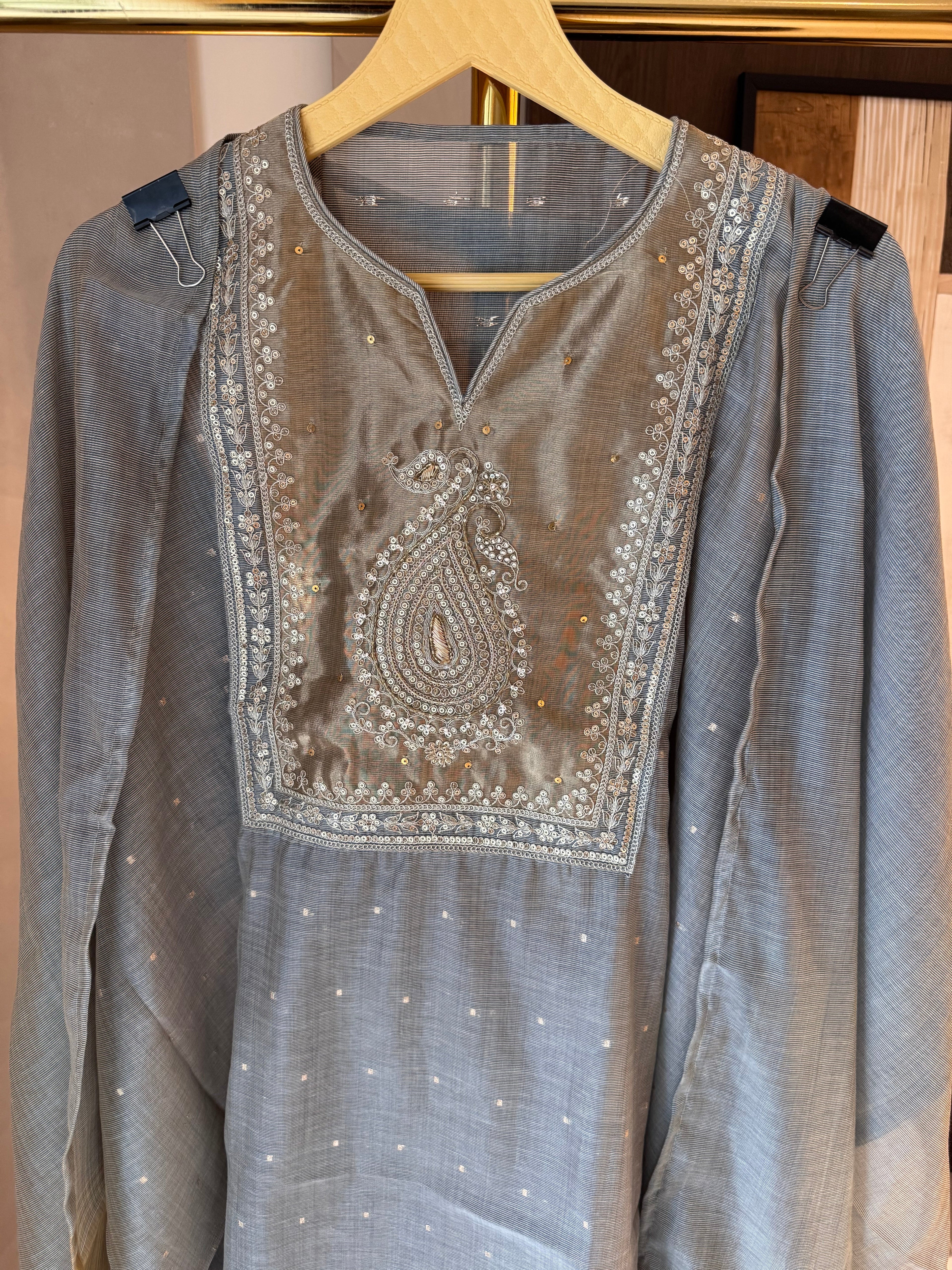 Kavya — Jamdhani Suit Set with Zardosi Highlights-peach-close up