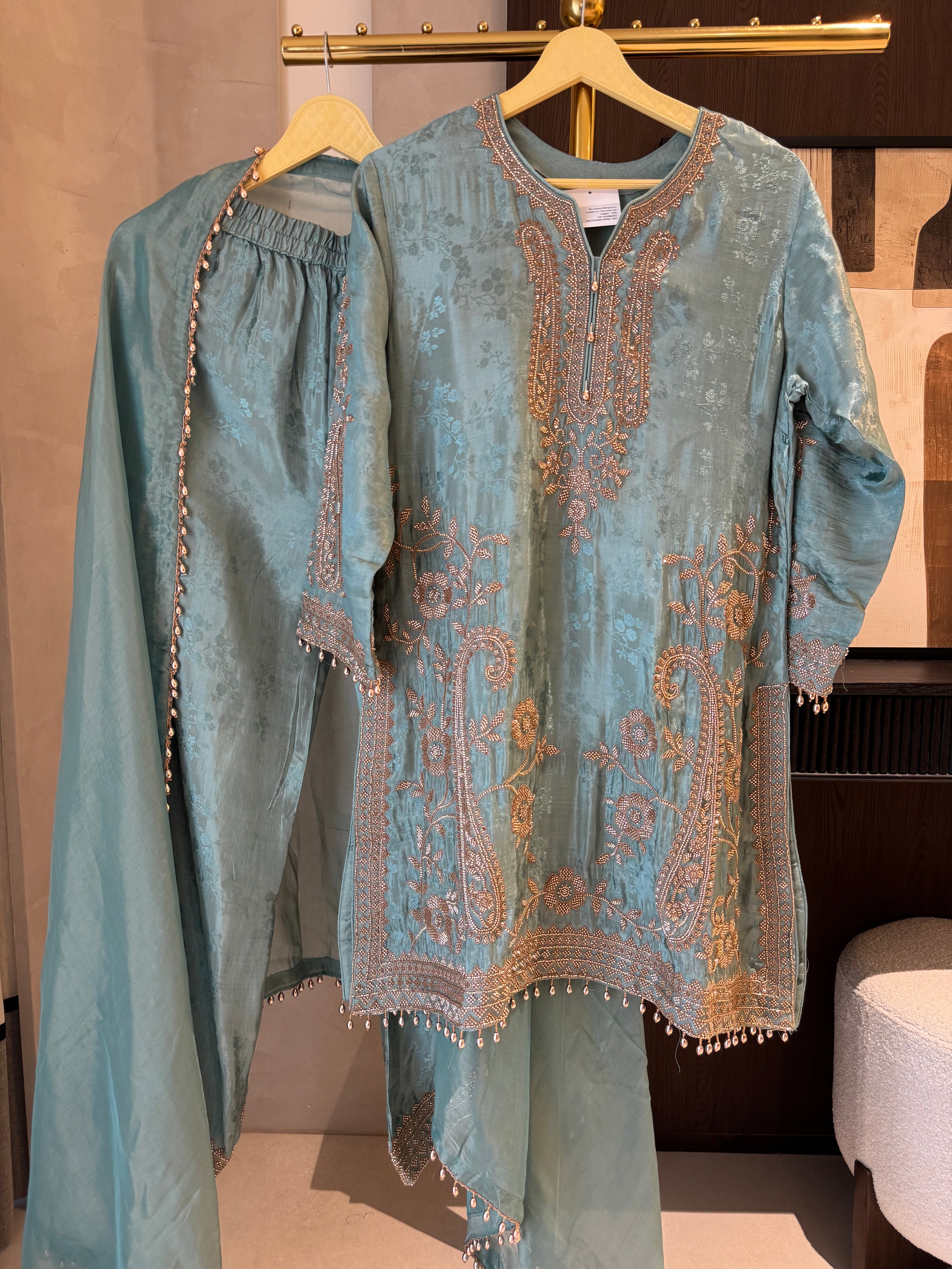 The Aura Muse — Silk Self-Embossed Suit with Organza Dupatta-aqua
