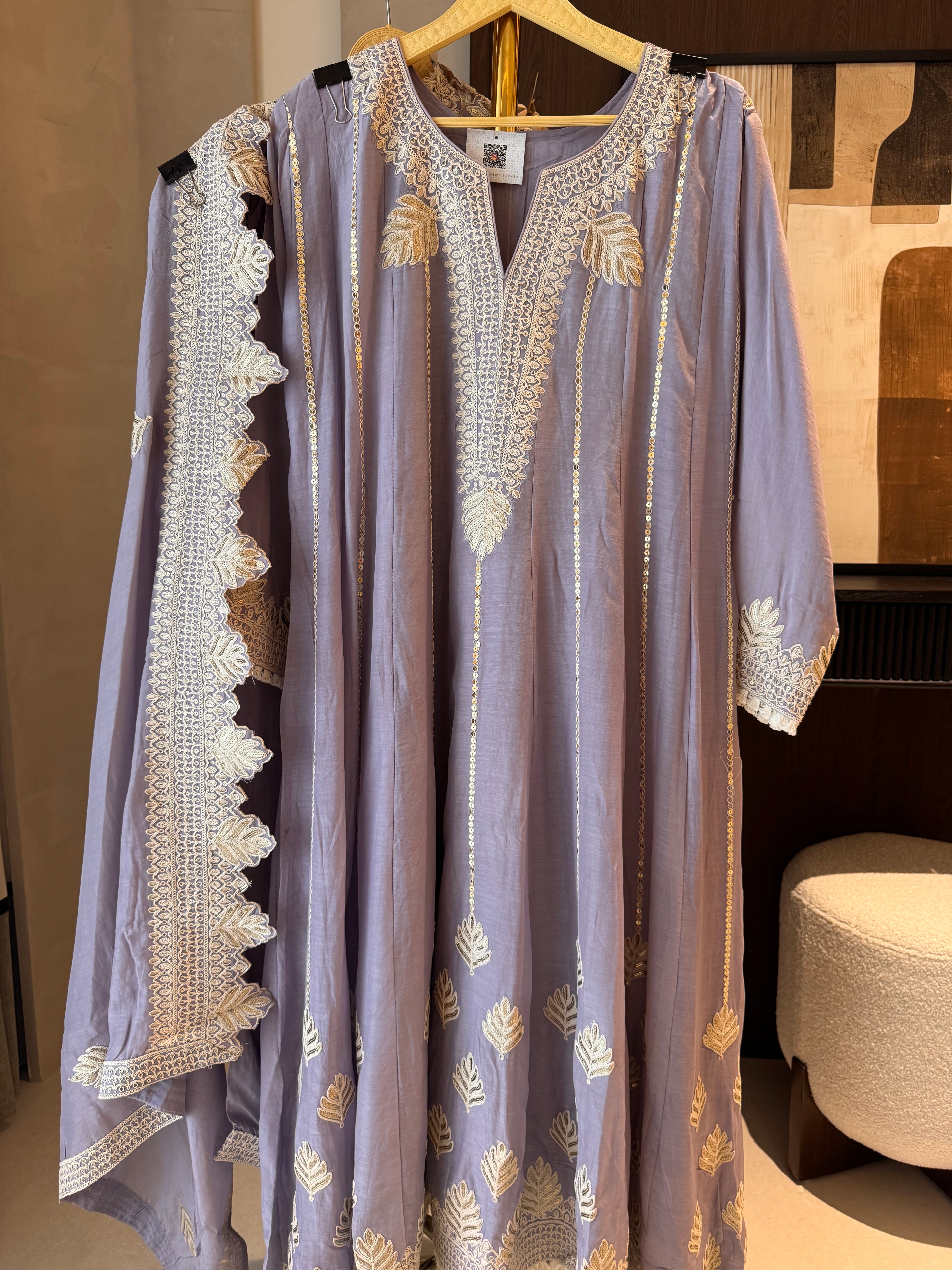 The Ivy Bloom — Mal Anarkali Set with Cutwork Dupatta & Potli-lilac