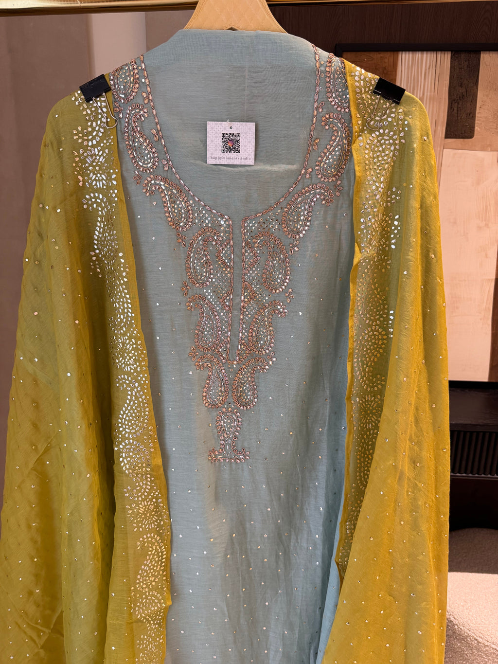 The Sanjh Bloom — Mul Suit with Mukesh & Zardozi Work-light blue-close up