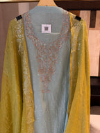 The Sanjh Bloom — Mul Suit with Mukesh & Zardozi Work-light blue-close up