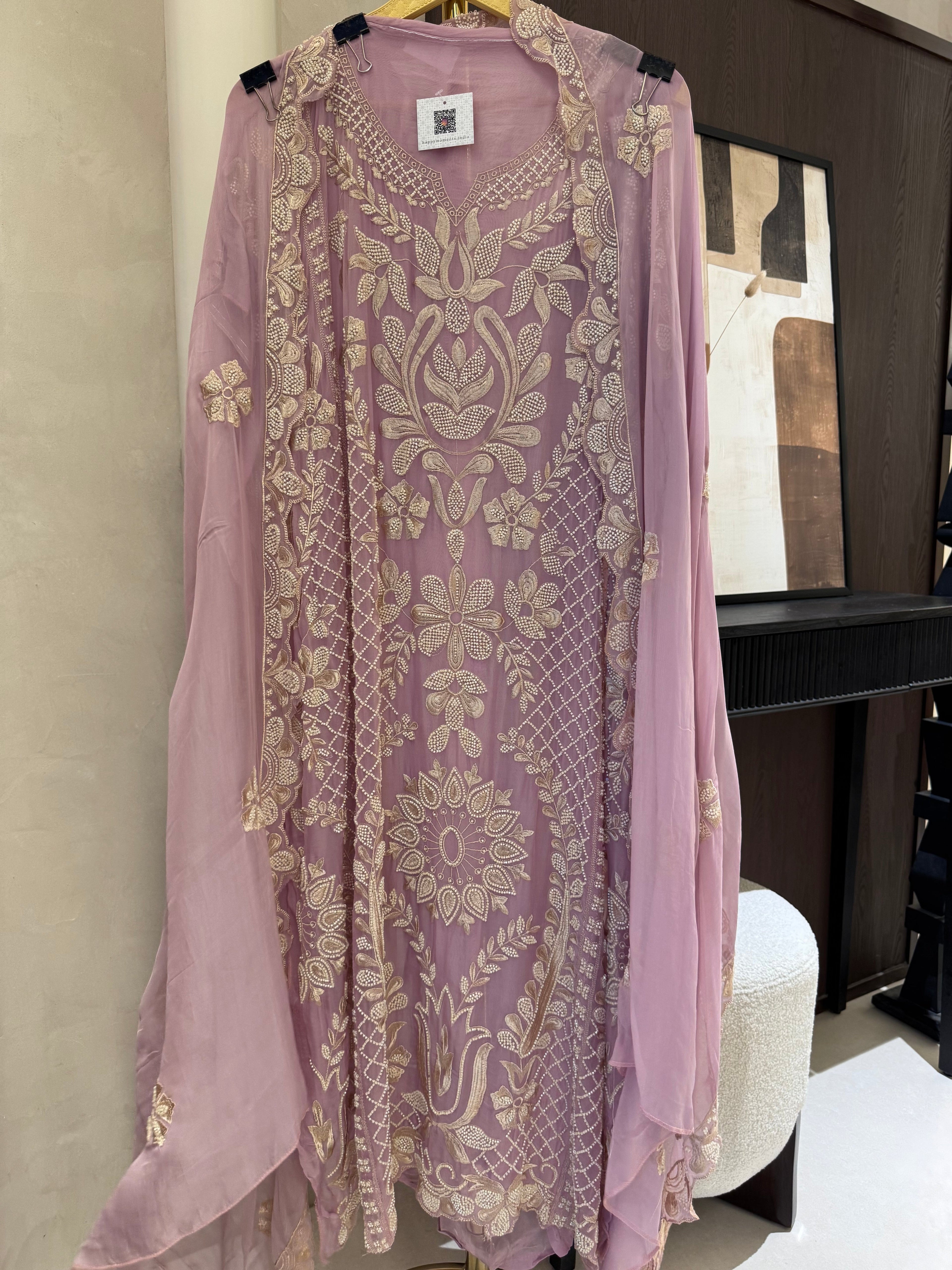 The Pearl Symphony — Organza Suit with Pearl Bead Work-mustard yellow-front