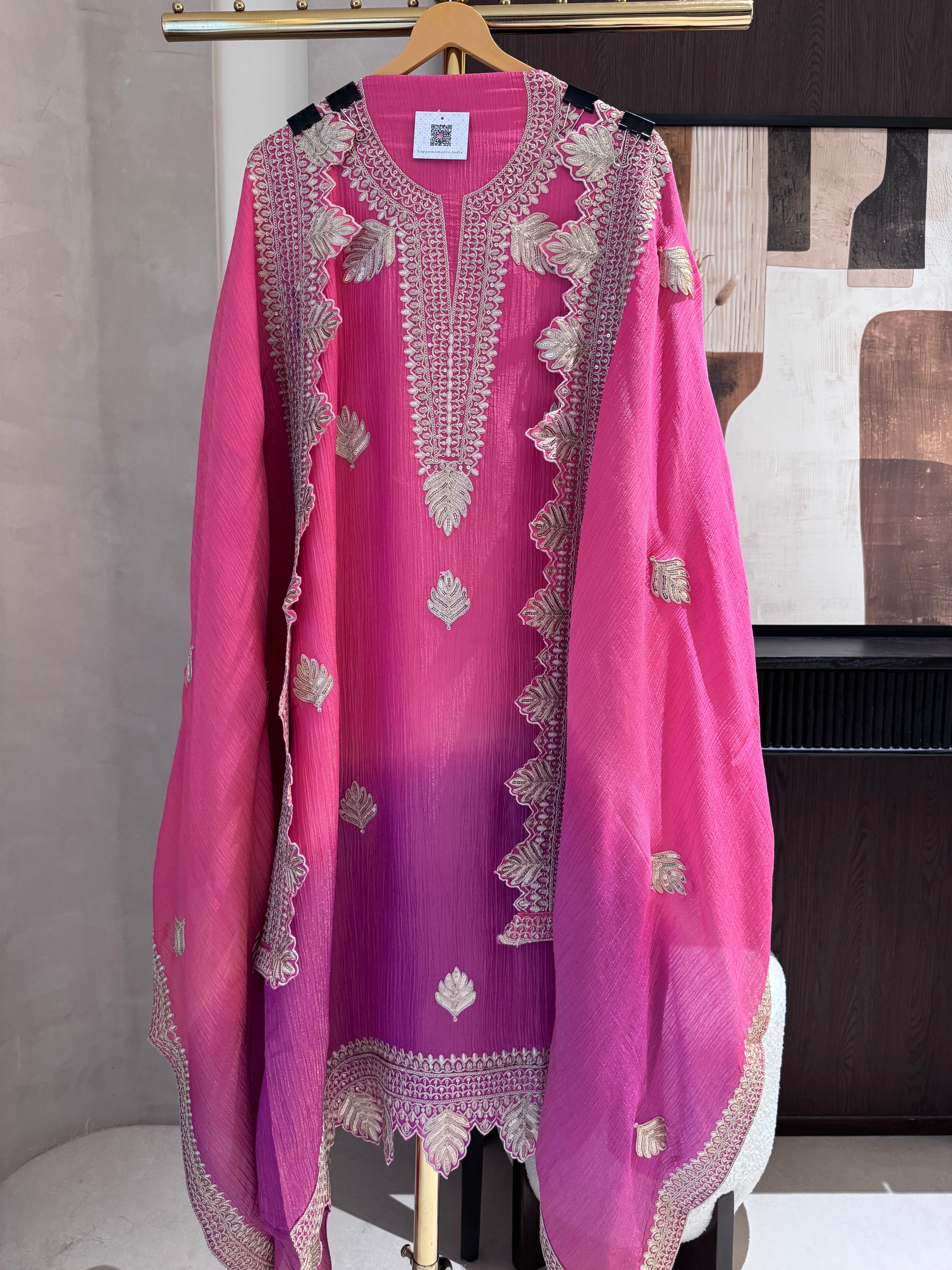 The Leaf Filigree — Crush Shimmer Suit with Cutwork Potli-pink purple ombre-dupatta