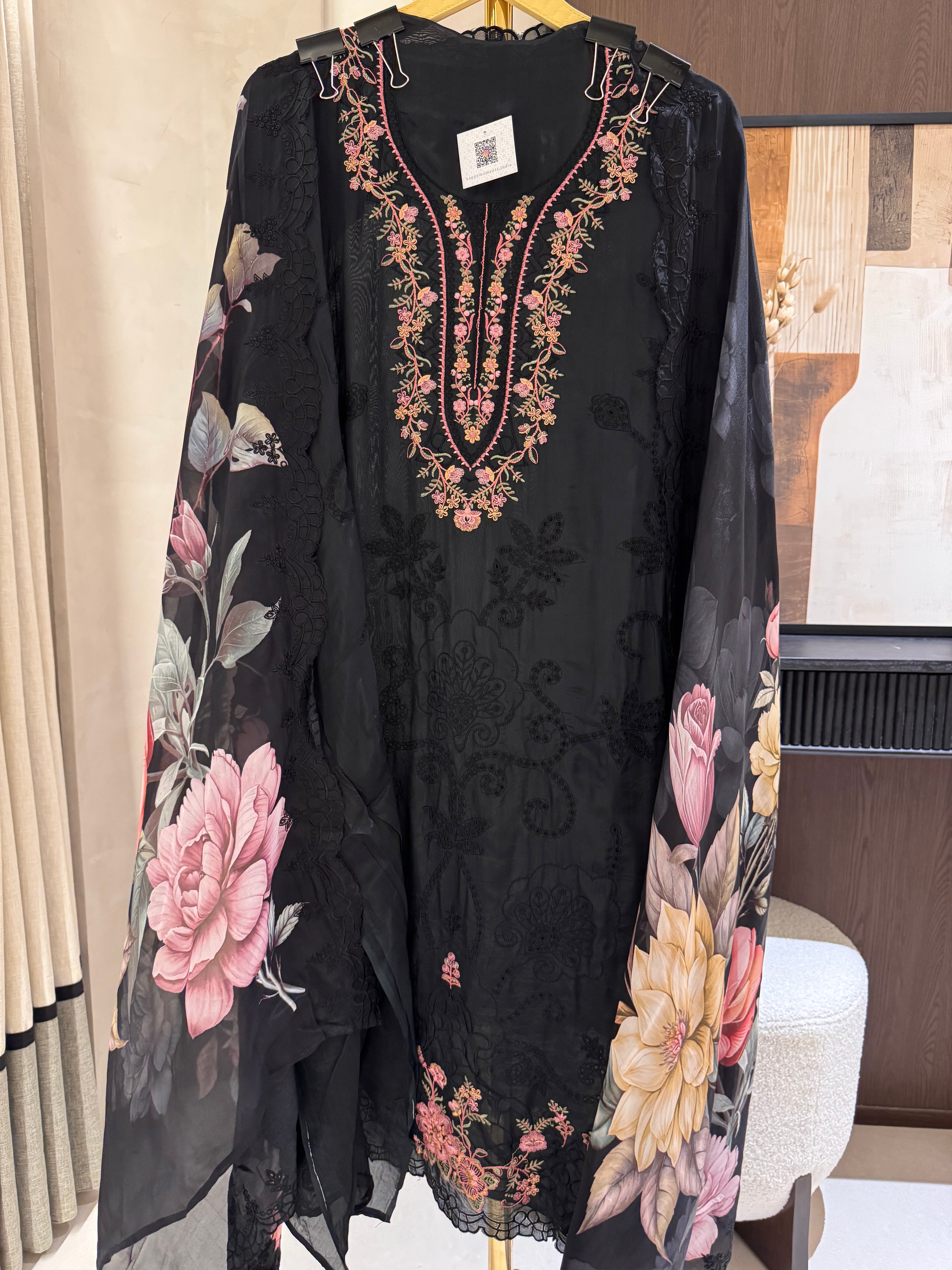 The Garden Scroll — Glass Organza Suit with Digital Print Dupatta-front-black