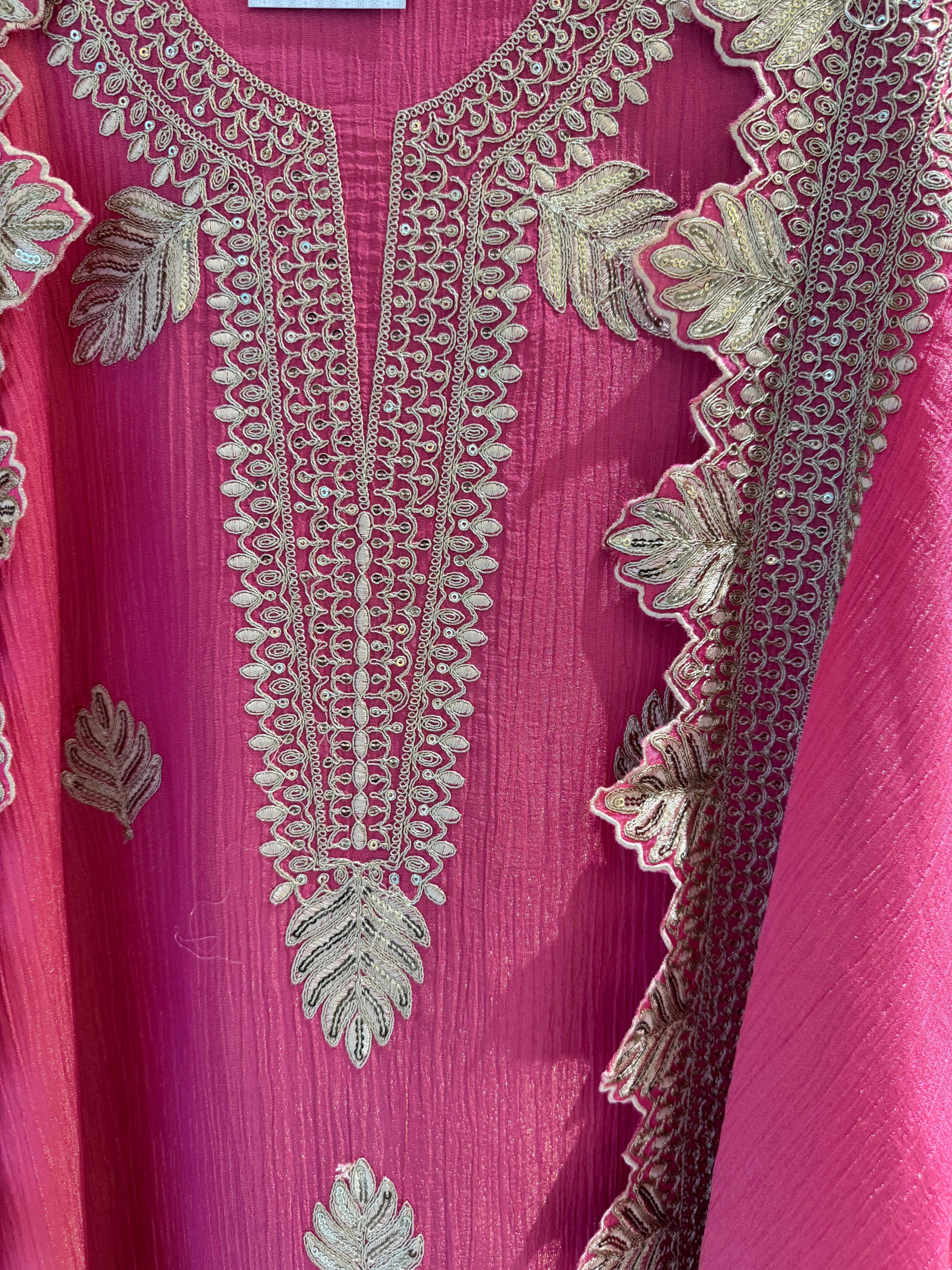 The Leaf Filigree — Crush Shimmer Suit with Cutwork Potli-pink purple ombre-hem