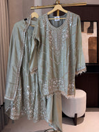 The Elysian Charm — Shimmer Silk Palazzo Suit with Tassel Detail-ivory-front