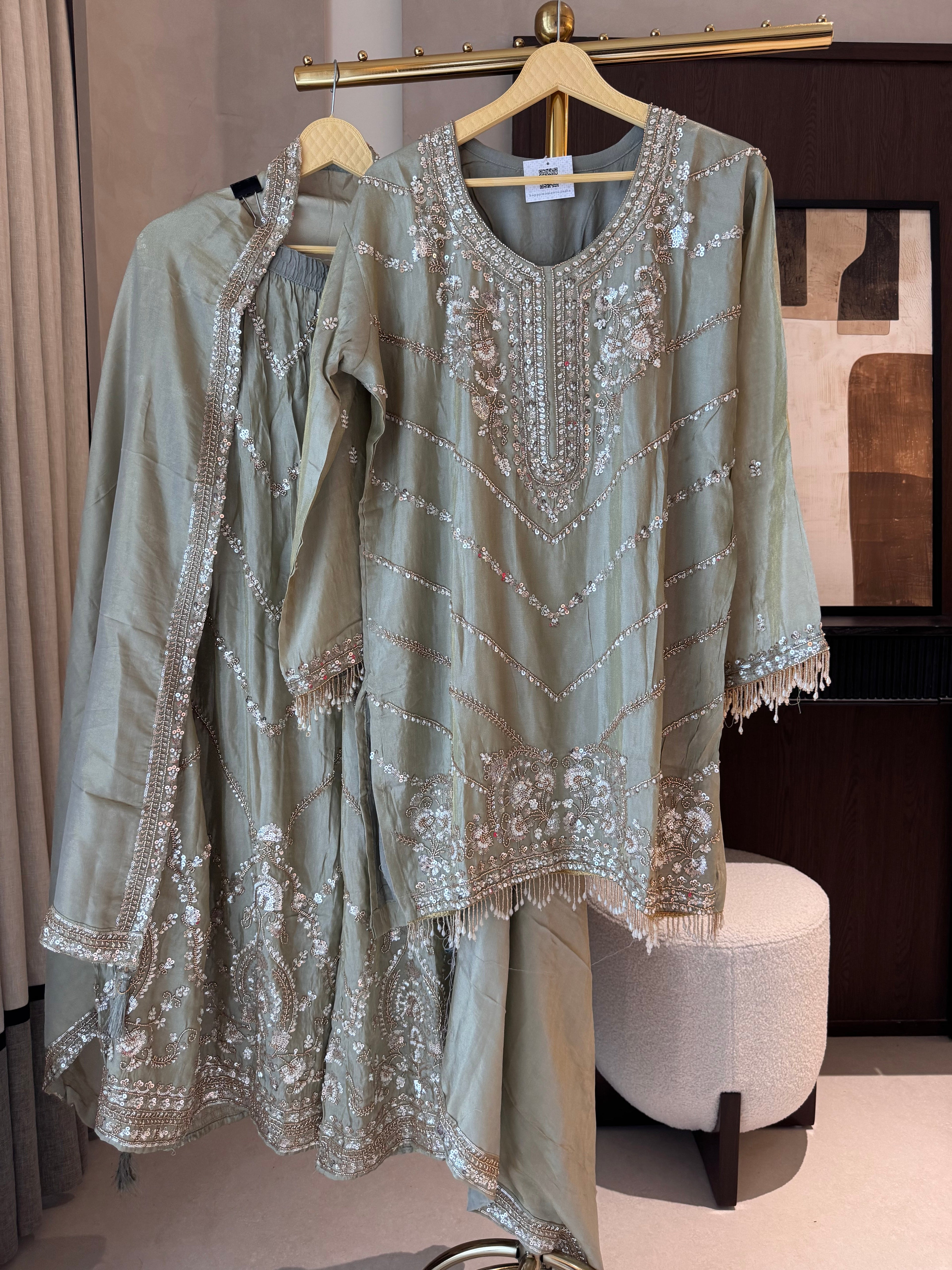 The Elysian Charm — Shimmer Silk Palazzo Suit with Tassel Detail-ivory-front