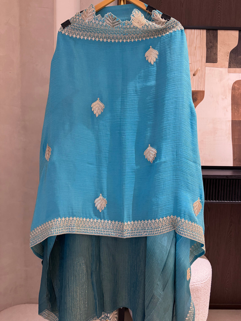 The Leaf Filigree — Crush Shimmer Suit with Cutwork Potli-mauve yellow ombre-front