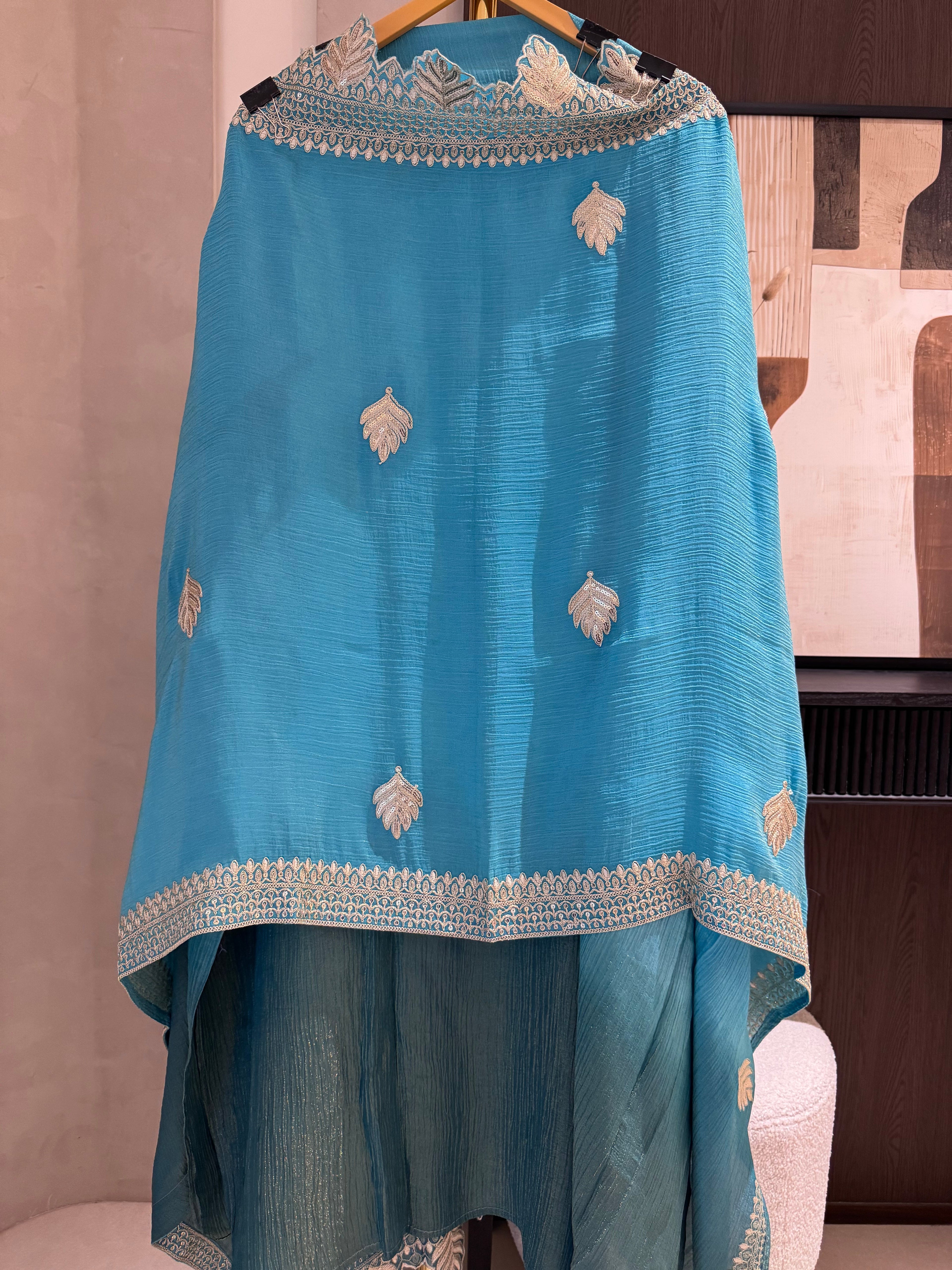 The Leaf Filigree — Crush Shimmer Suit with Cutwork Potli-mauve yellow ombre-front