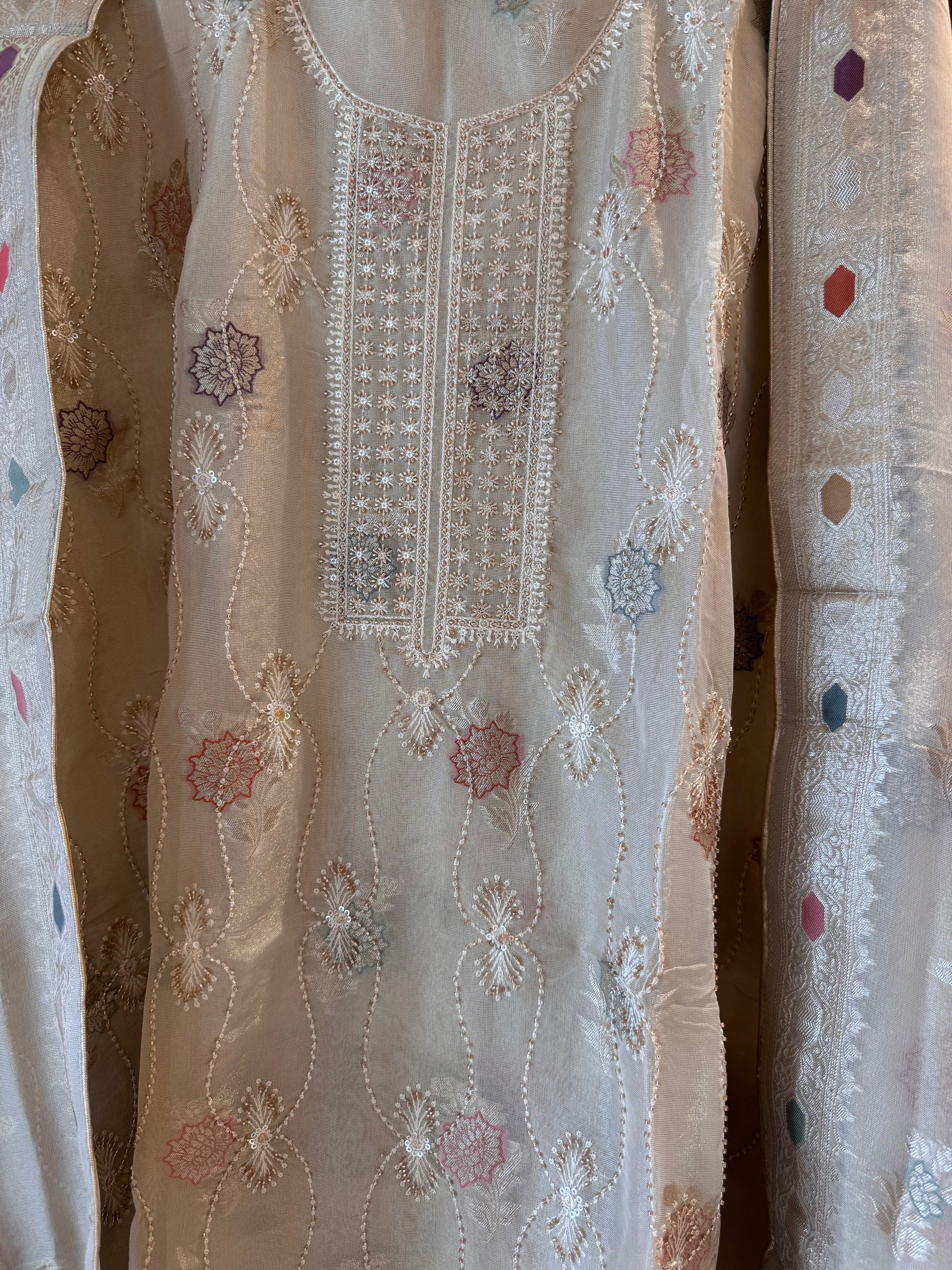 Cartier — Shimmer Tissue Suit with Banarasi Weaving & Beadwork-ivory-close up