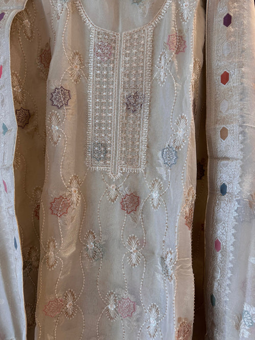 Cartier — Shimmer Tissue Suit with Banarasi Weaving & Beadwork-ivory-close up