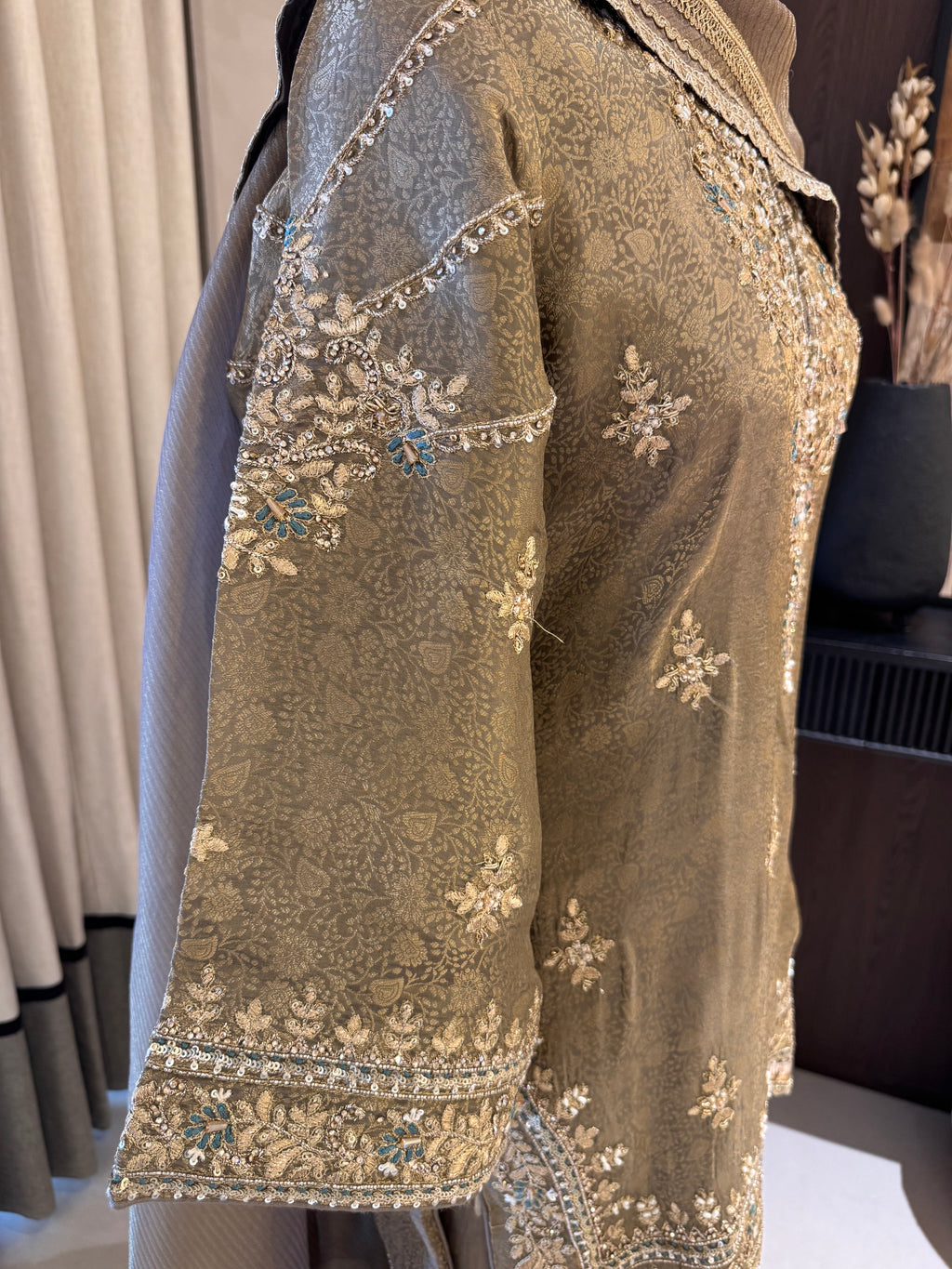 The Gharara Edit Vol. 01 — Banarasi Silk Set with Zardosi Work-olive bronze sleeves