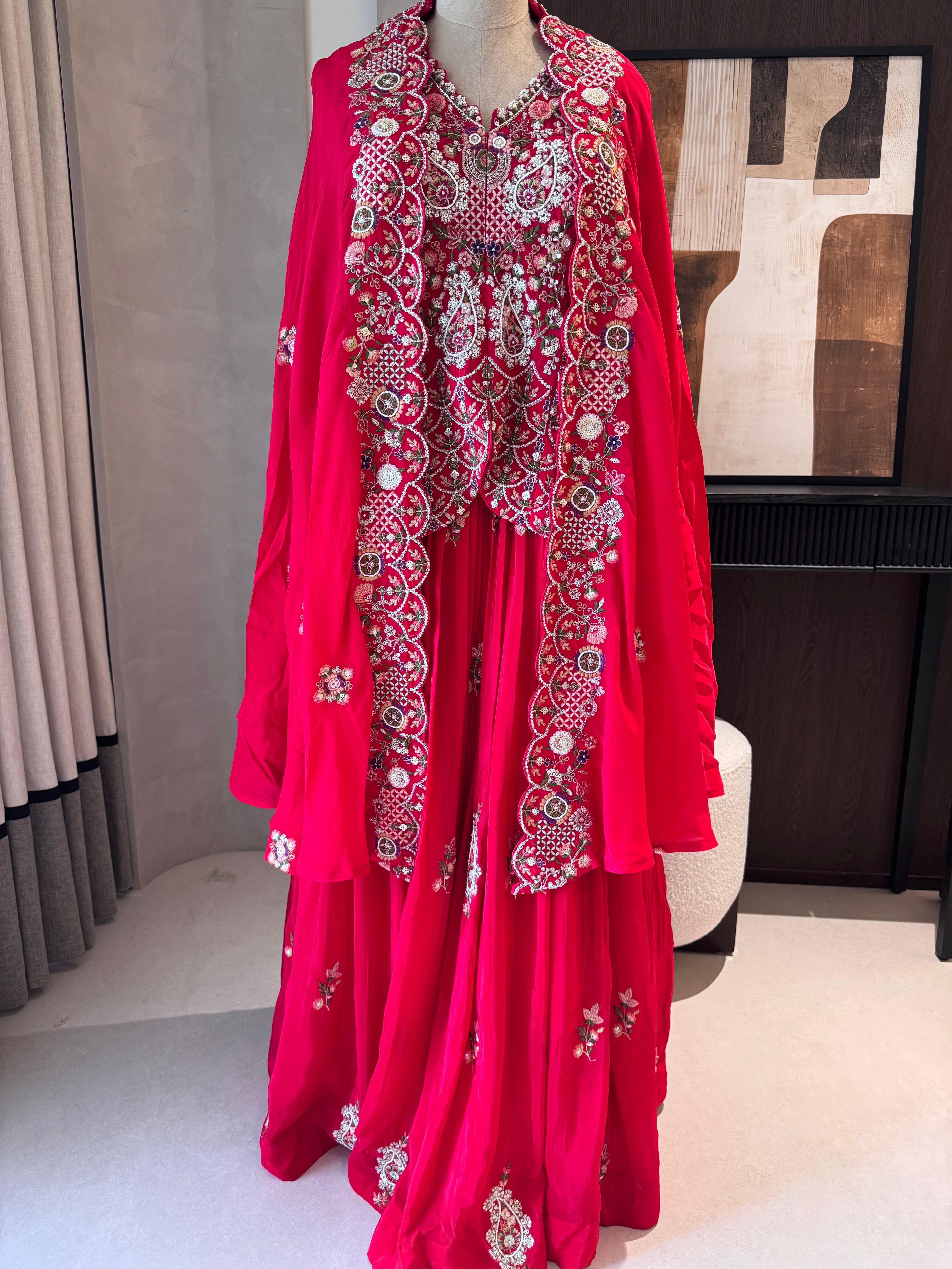 The Seraphine Bloom — Indowestern Cape Set with Zardosi Embroidery-rani pink-close up