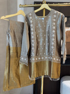The Gilded Muse — Shimmer Tissue Top & Pant Set with Zardosi-golden camel-close up