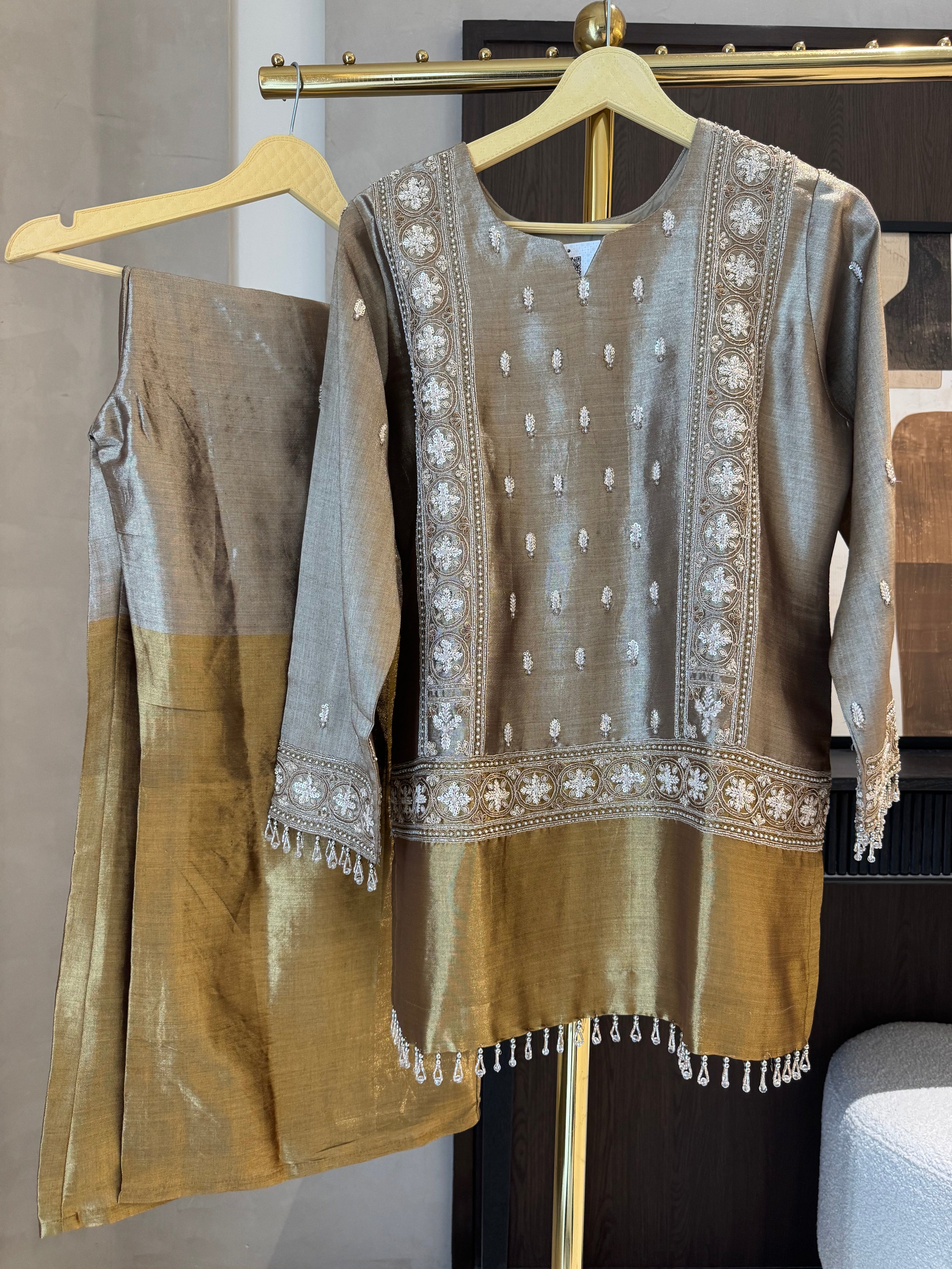 The Gilded Muse — Shimmer Tissue Top & Pant Set with Zardosi-golden camel-close up
