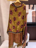 The Ajrakh Muse — Gaji Silk Digital Print Suit with Mirror Work-olive gold-close up