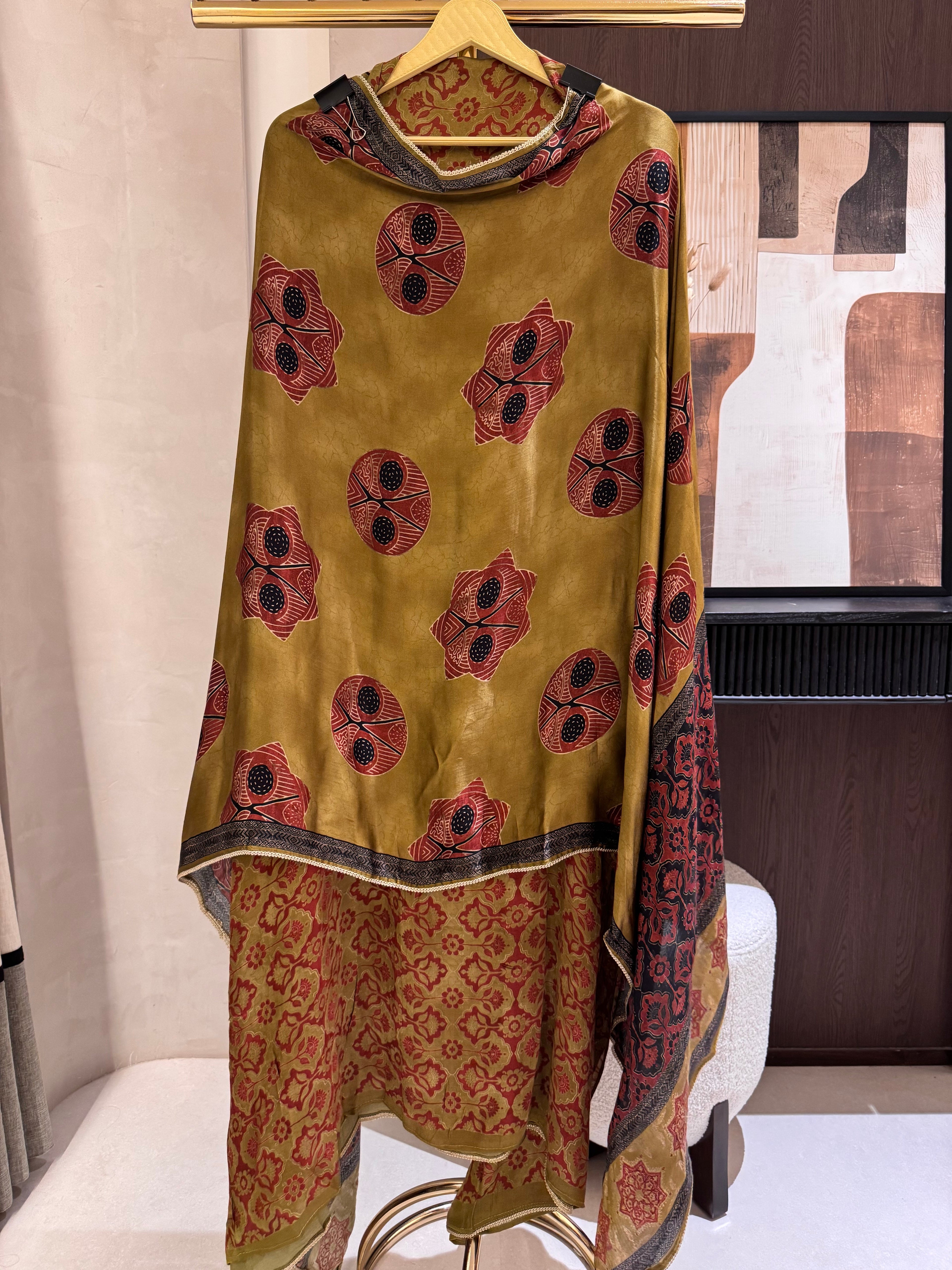The Ajrakh Muse — Gaji Silk Digital Print Suit with Mirror Work-olive gold-close up