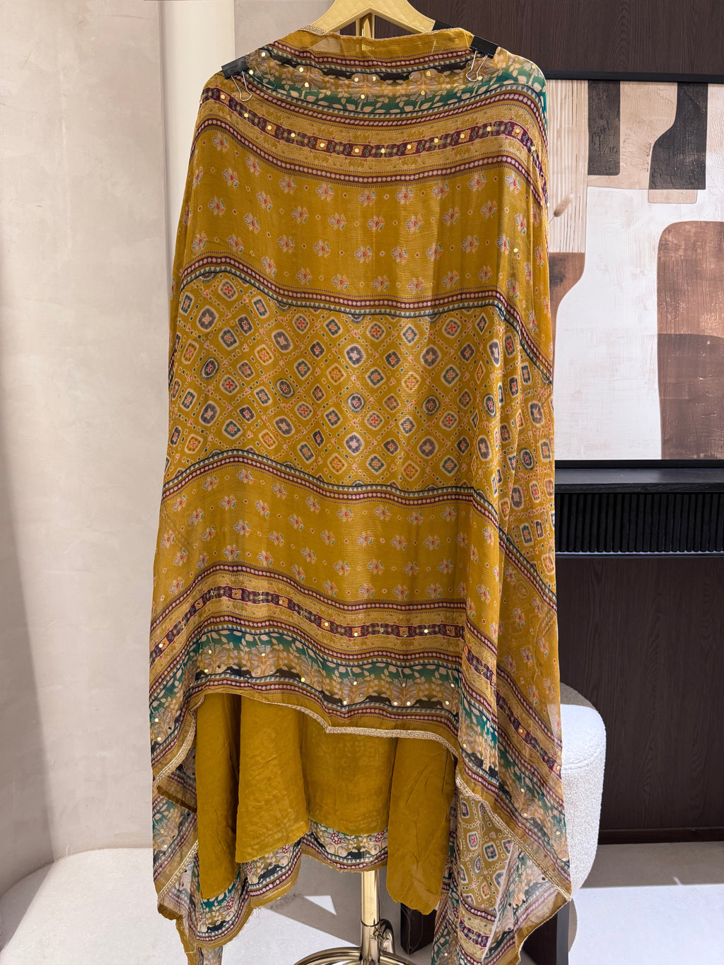 The Hailey Bloom — Chinnon Digital Print Suit with Mirror Work-mustard gold-close up