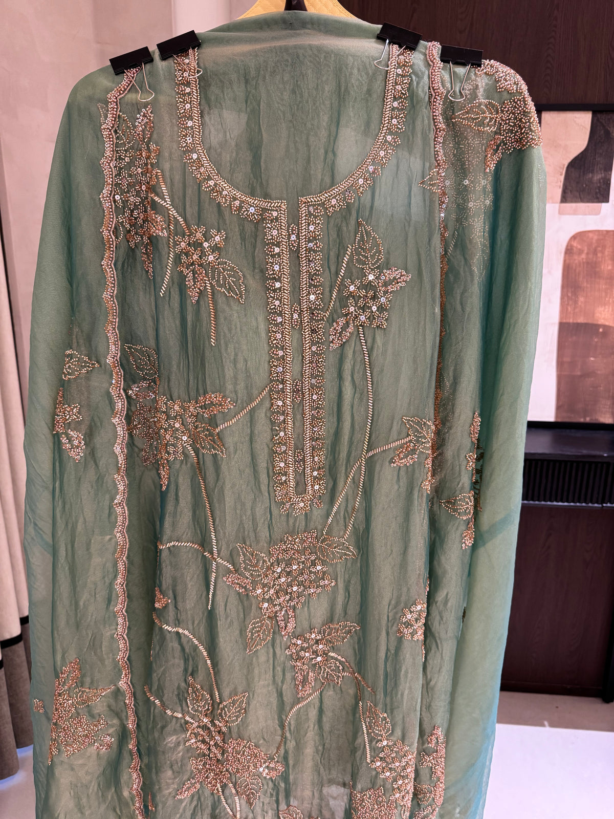 The Beadwork Edit Vol. 01 — Taneria Silk Unstitched Suit-sage-front-close up
