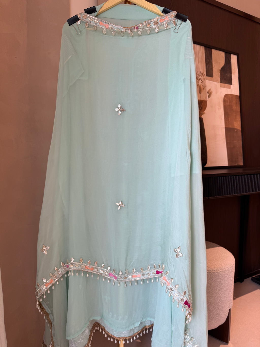 The Gilded Petals — Georgette Suit with Gota & Tassel Work-mint dupatta 