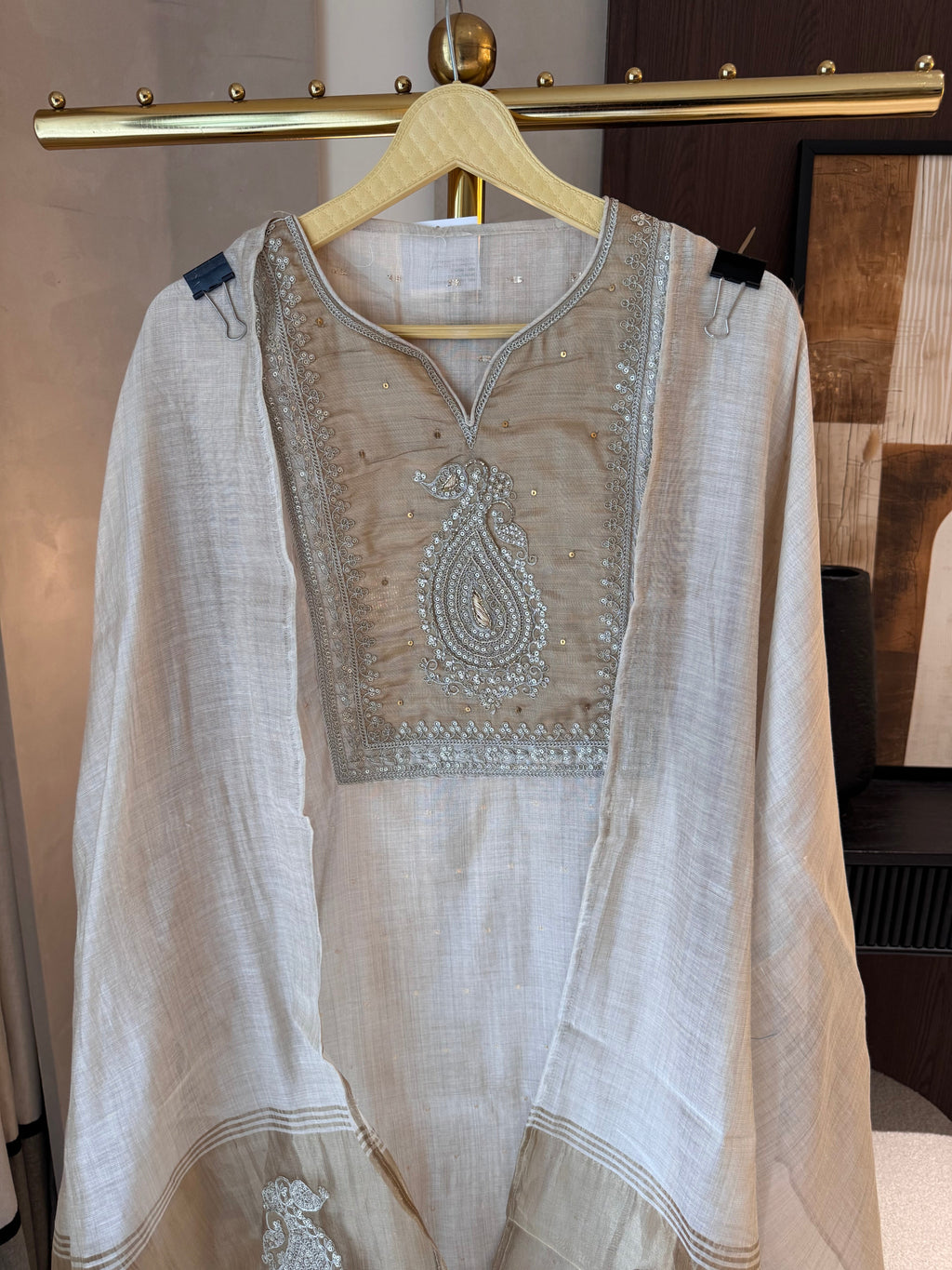 Kavya — Jamdhani Suit Set with Zardosi Highlights-ivory-close up