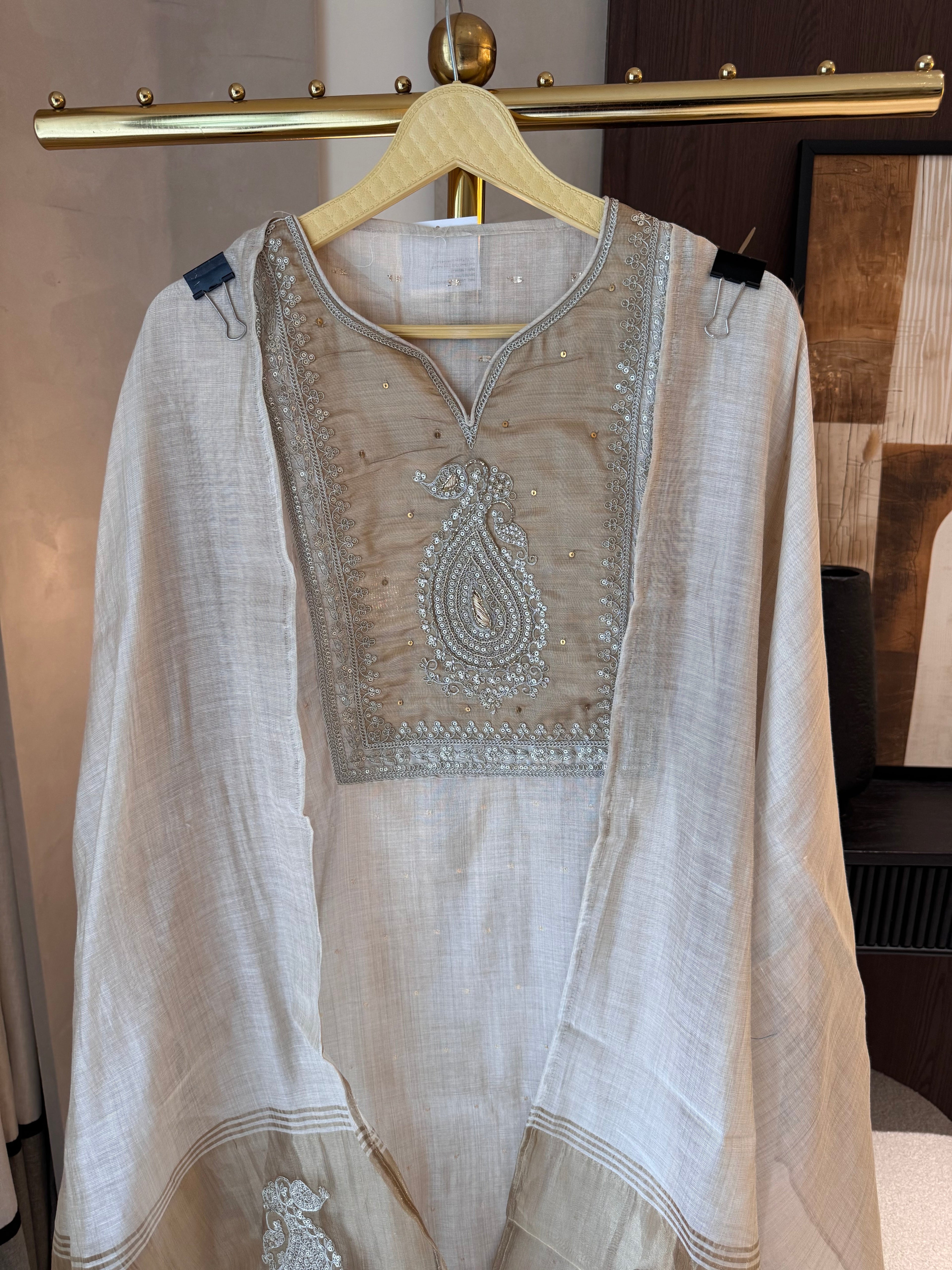 Kavya — Jamdhani Suit Set with Zardosi Highlights-ivory-close up