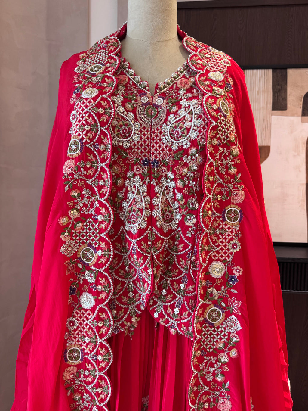 The Seraphine Bloom — Indowestern Cape Set with Zardosi Embroidery-rust-front