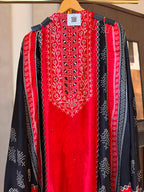 The Kaanch Bandhej — Gaji Silk Suit with Mirror Work-red black -front- close up 