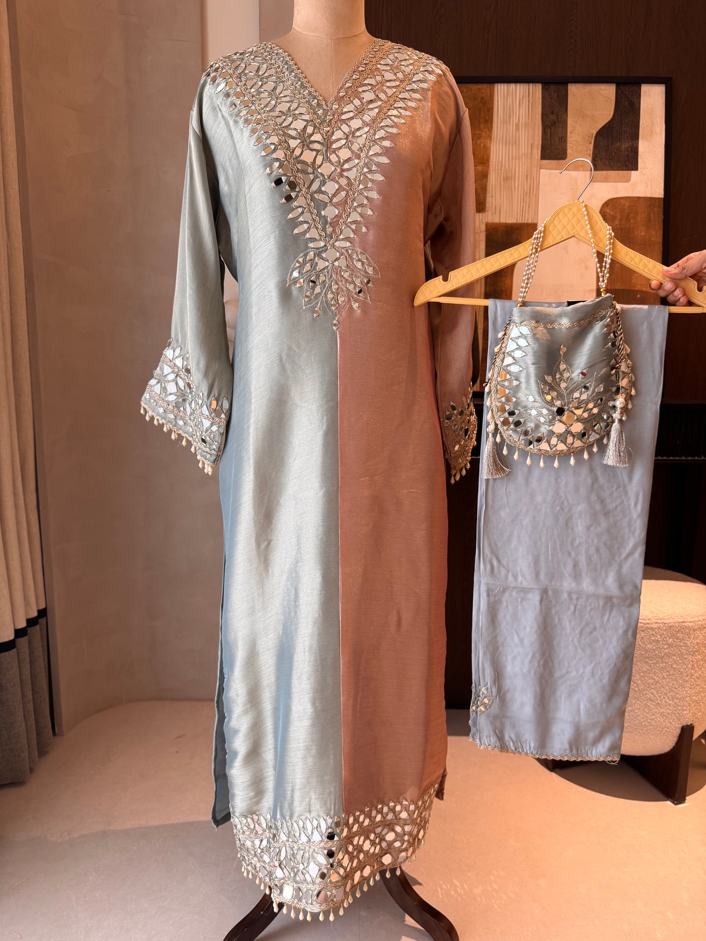 Giraffe Silk Readymade Long Top Set with Mirror Work & Potli