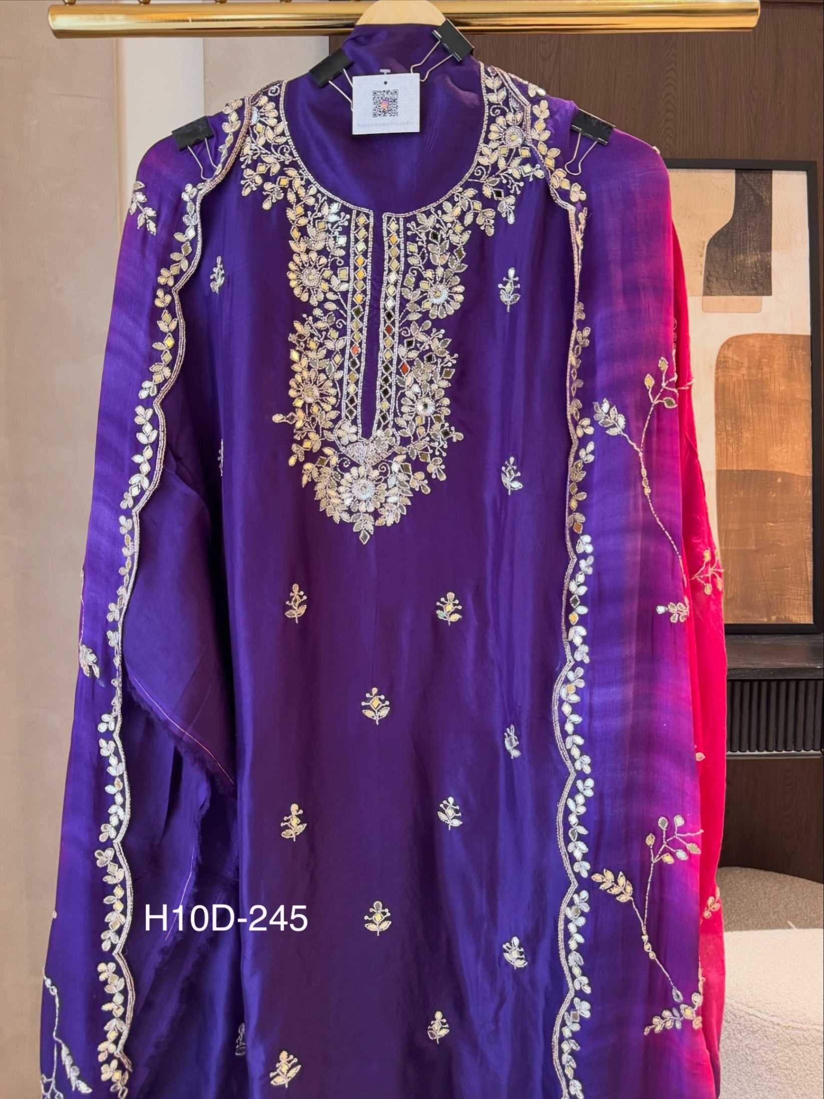The Rang Bloom — Silk Suit with Handwork & Shaded Chinnon Dupatta-purple- close up