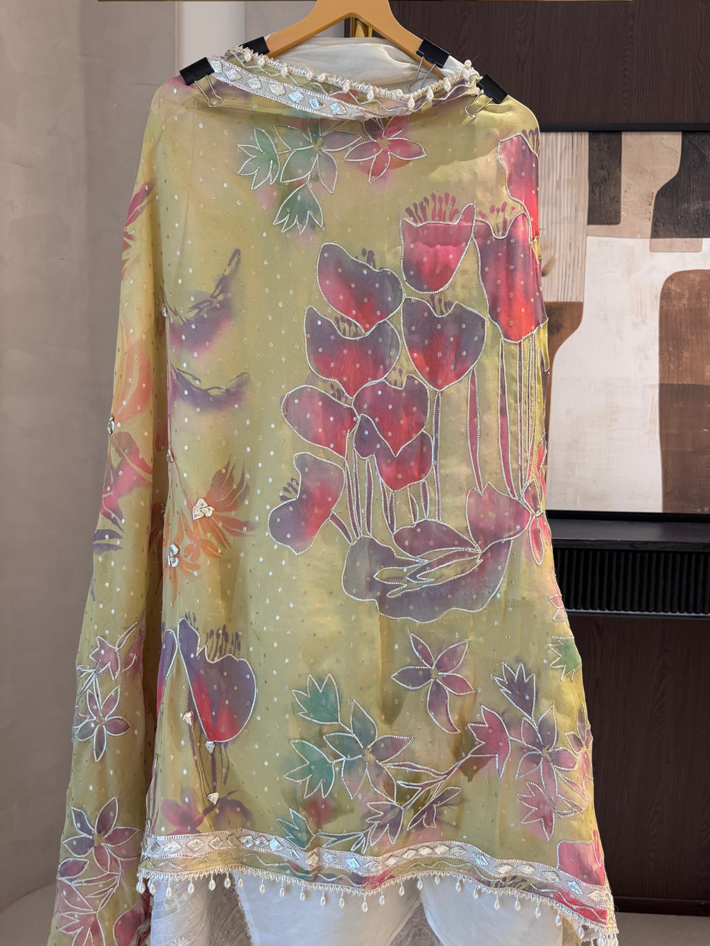 The Chandni Bloom — Shimmer Silk Suit with Gota Work-olive yellow-dupatta 