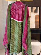The Meera Muse — Bandhani Gaji Silk Suit with Mirror Work-olive green-front