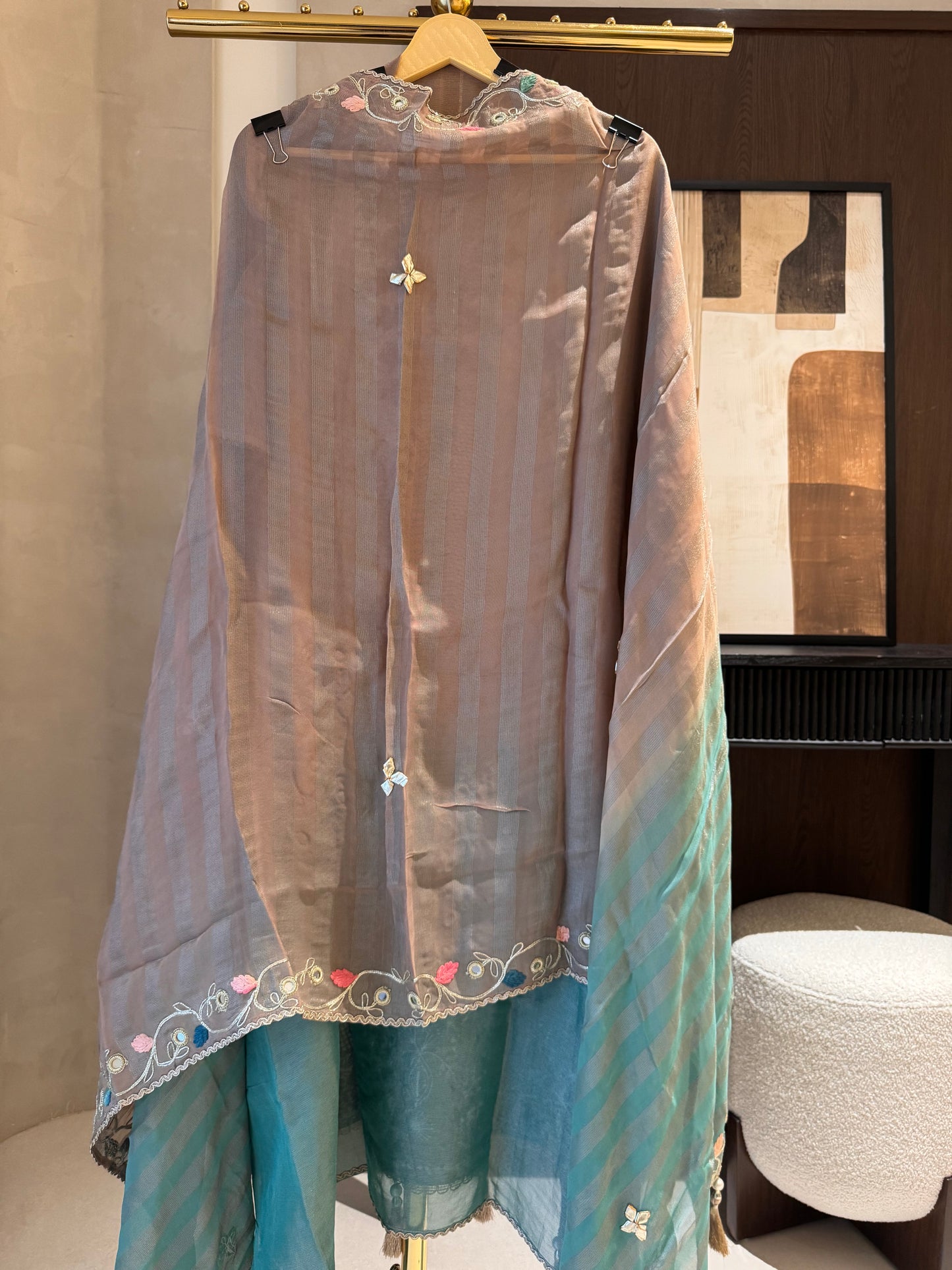 Shimmer Tissue Unstitched Suit Set with Mirror, Gota & Wool Work