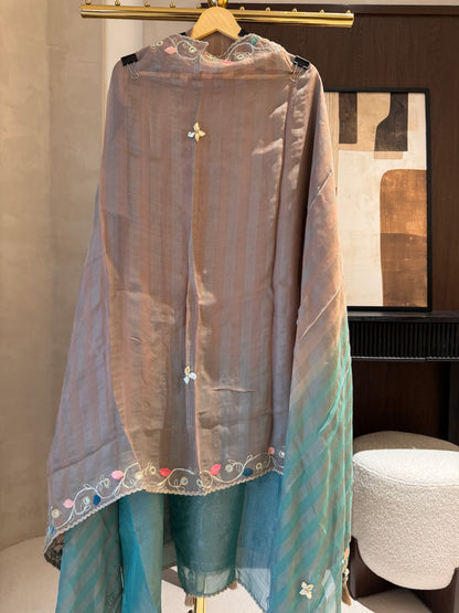 Shimmer Tissue Unstitched Suit Set with Mirror, Gota & Wool Work
