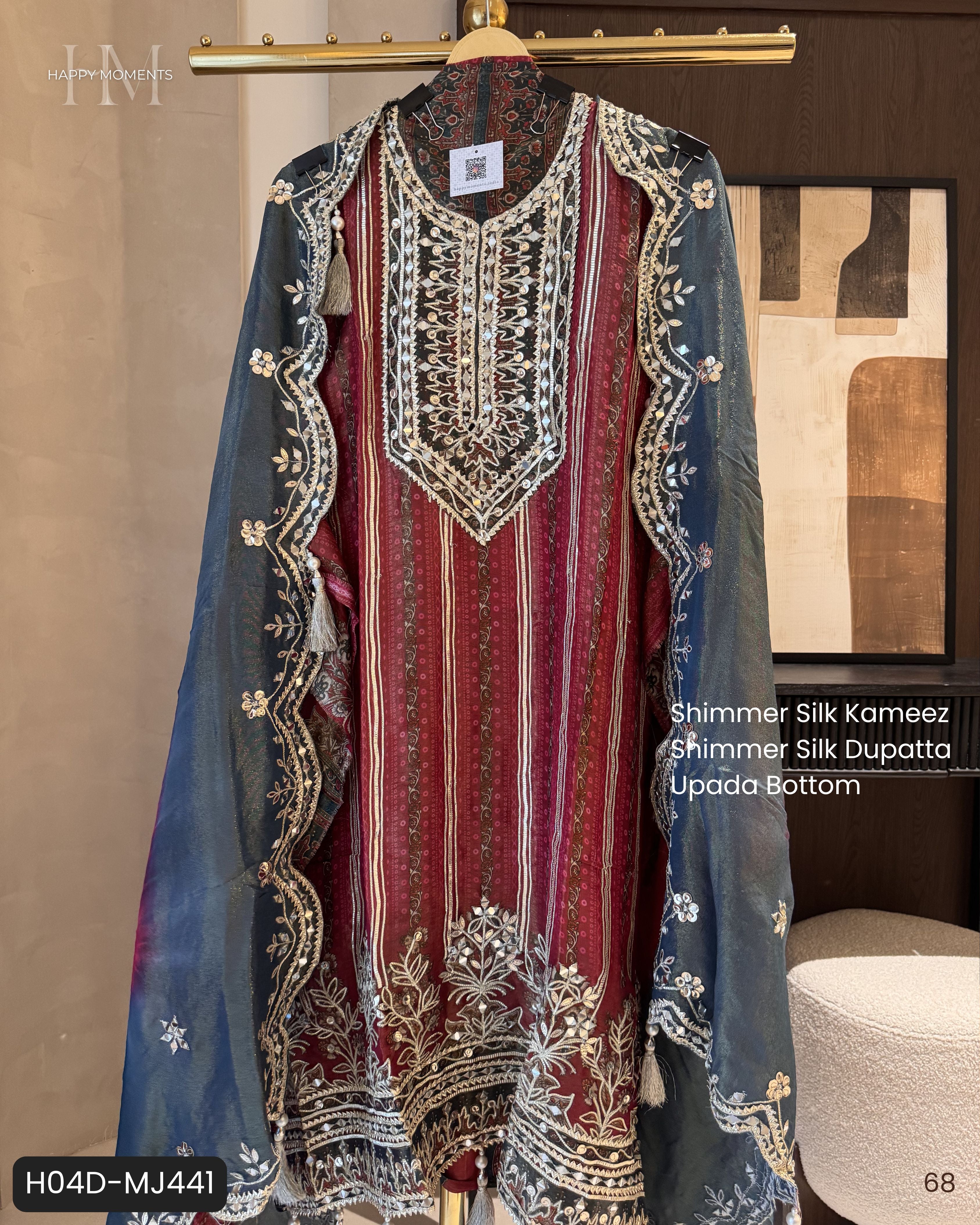 The Noor Aura — Shimmer Silk Suit with Gotta & Mirror Work-maroon-front