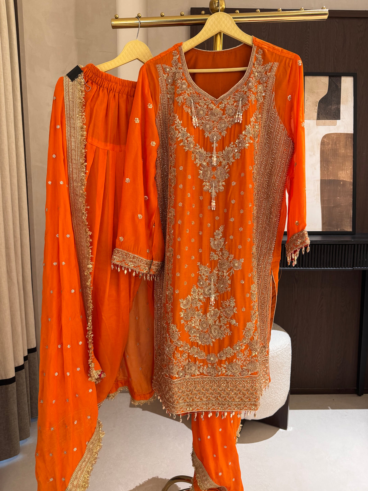 The Farshi Bloom — Satin Organza Set with Zari & Bead Work