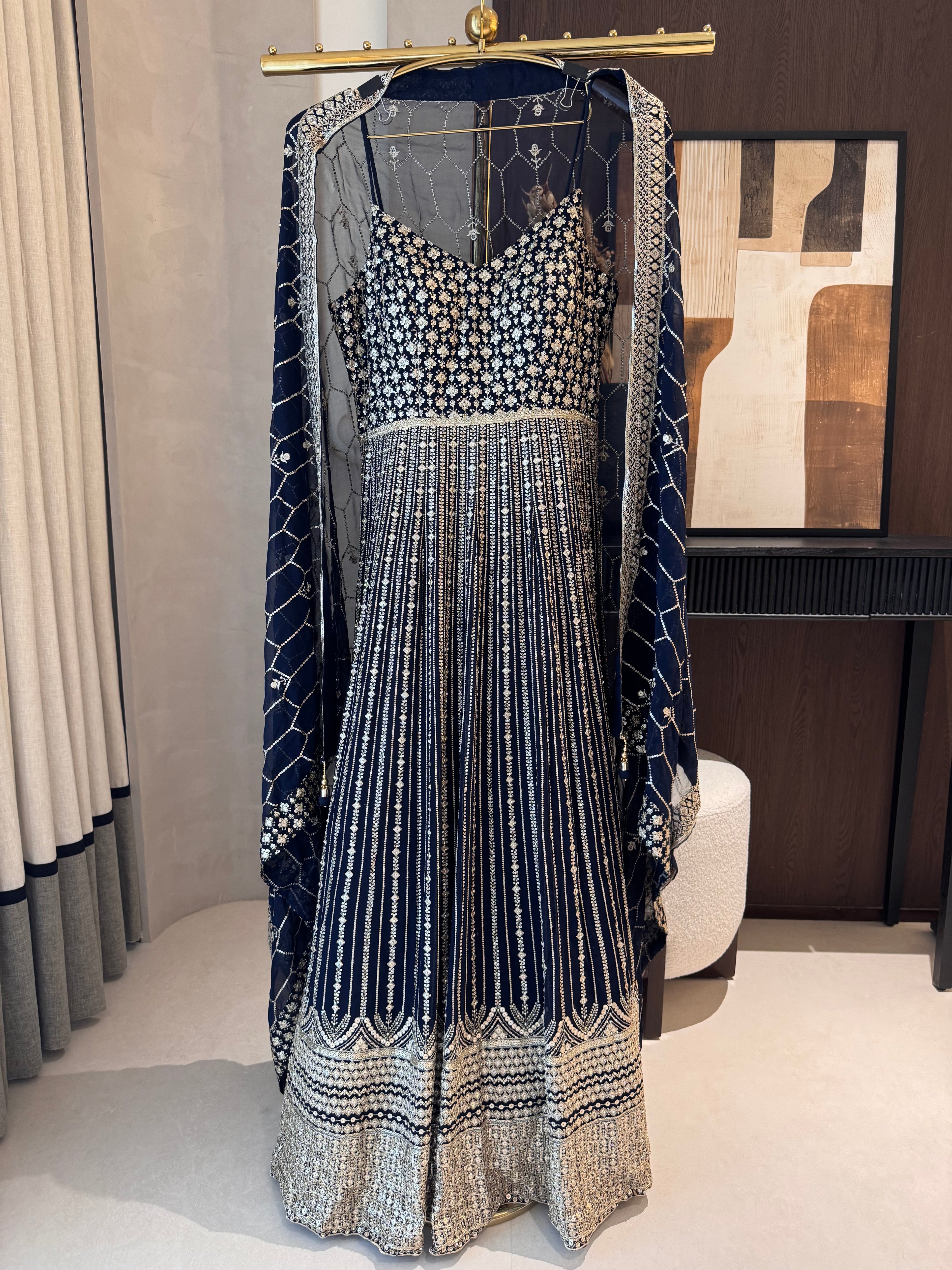 The Noir Rêverie — Georgette Gown with Zari Embroidery & Swarovski-navy-front