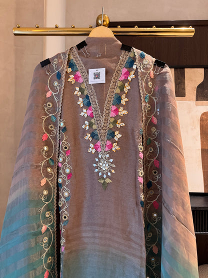 Shimmer Tissue Unstitched Suit Set with Mirror, Gota & Wool Work