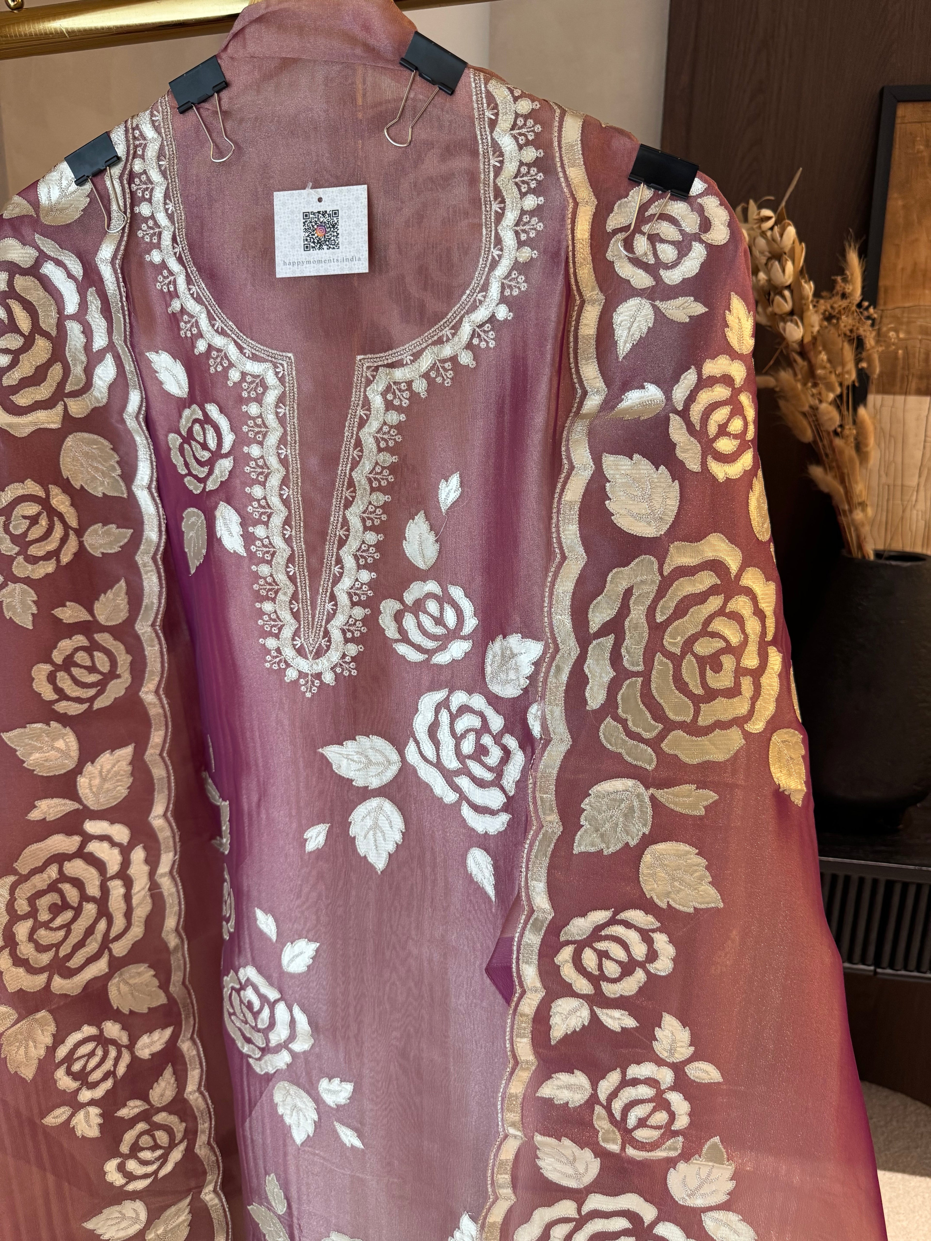 Aaliya — Shimmer Tissue Suit with Gota Work-onion pink-close up