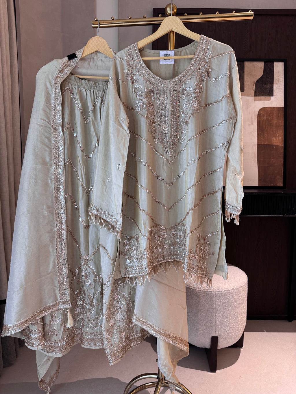 The Elysian Charm — Shimmer Silk Palazzo Suit with Tassel Detail-pista-front