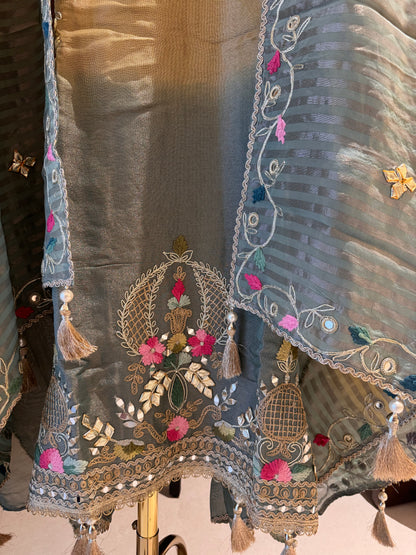 Shimmer Tissue Unstitched Suit Set with Mirror, Gota & Wool Work
