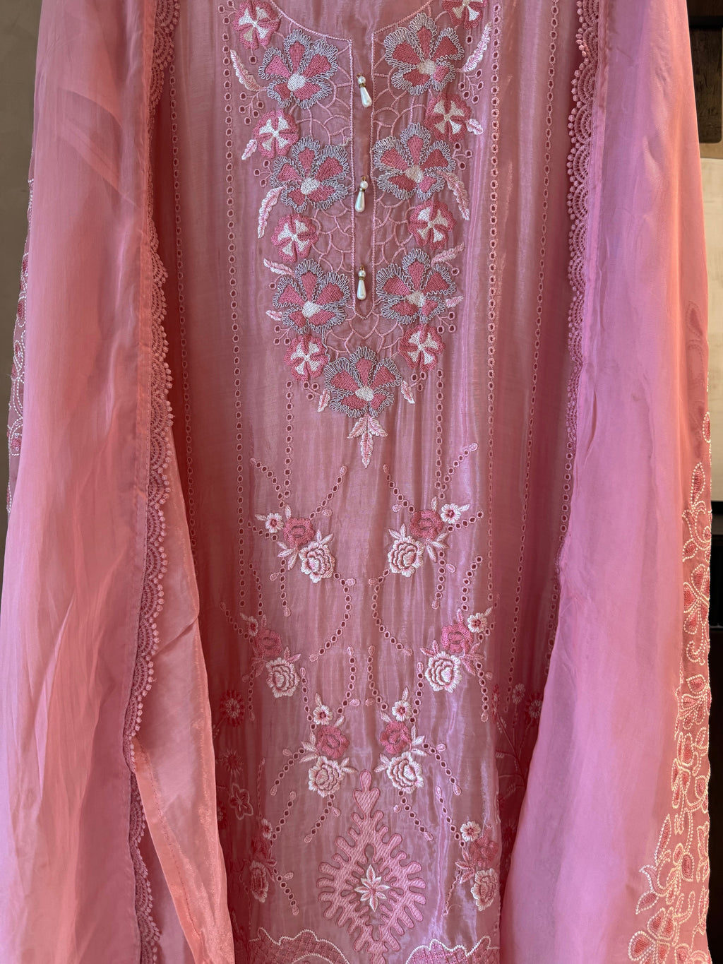 Meher — Glass Organza Suit with Thread Work & Dori Highlights-peach-close up